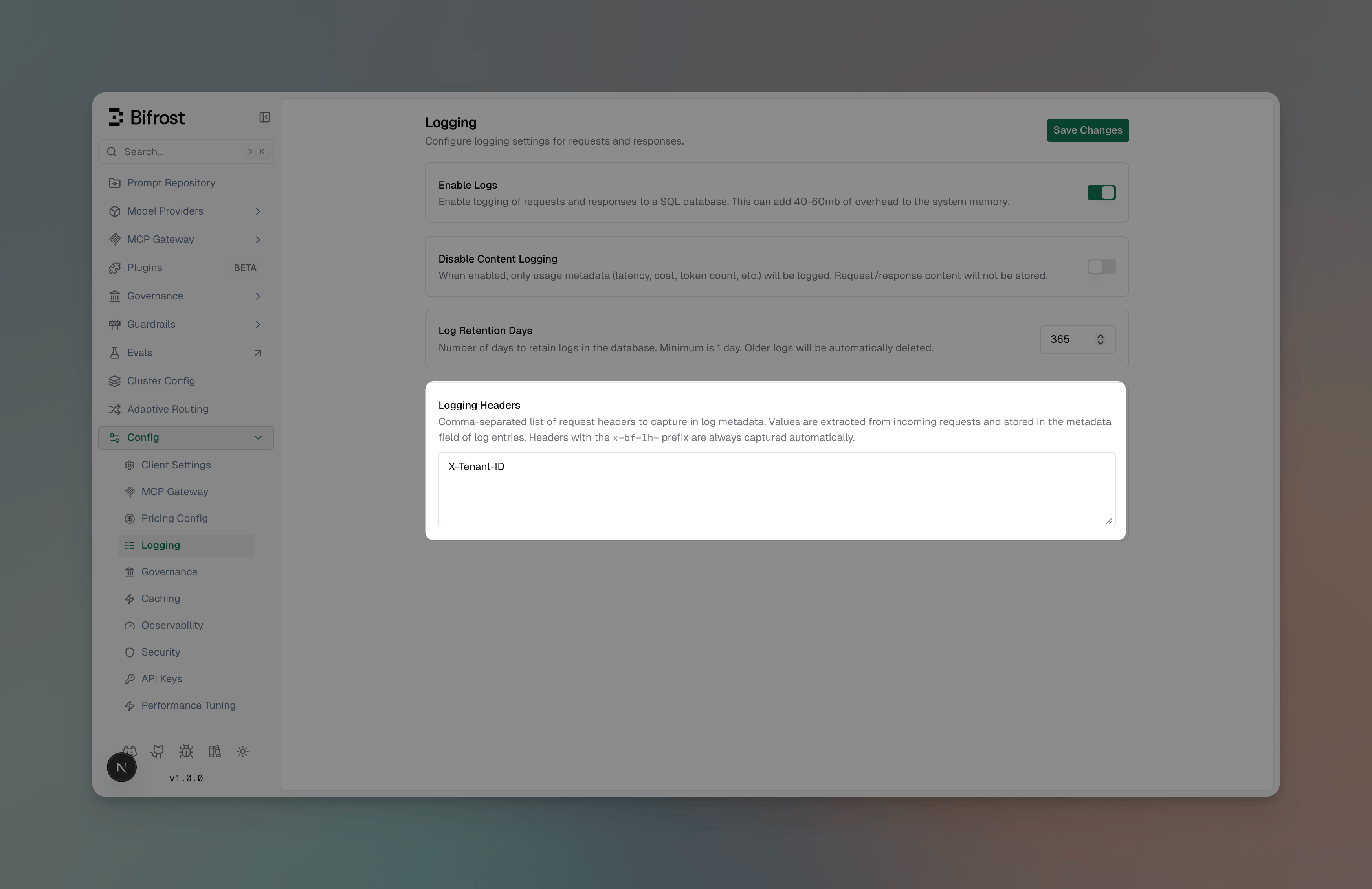 Logging Headers Configuration