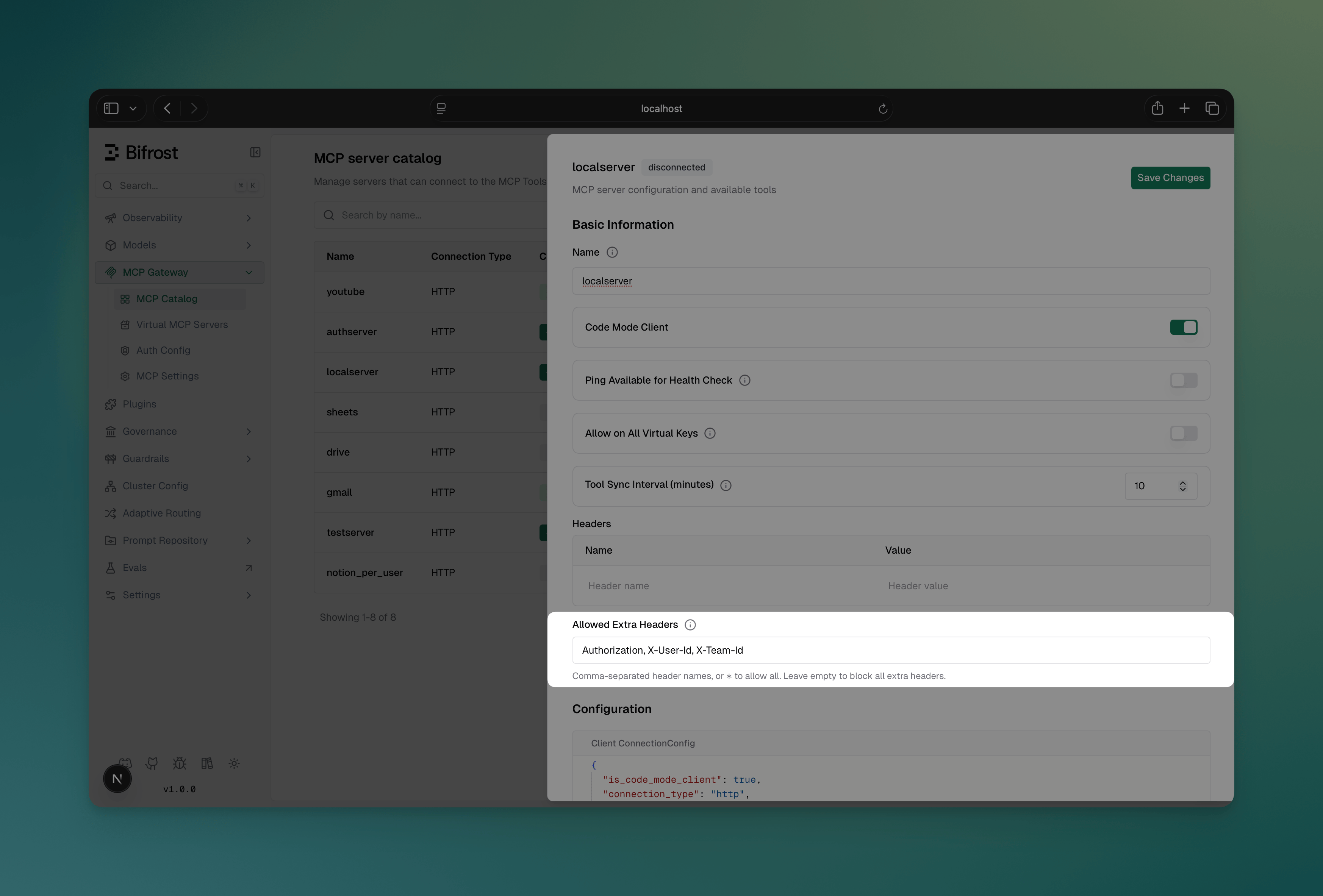 Allowed Extra Headers configuration in the MCP client edit sheet