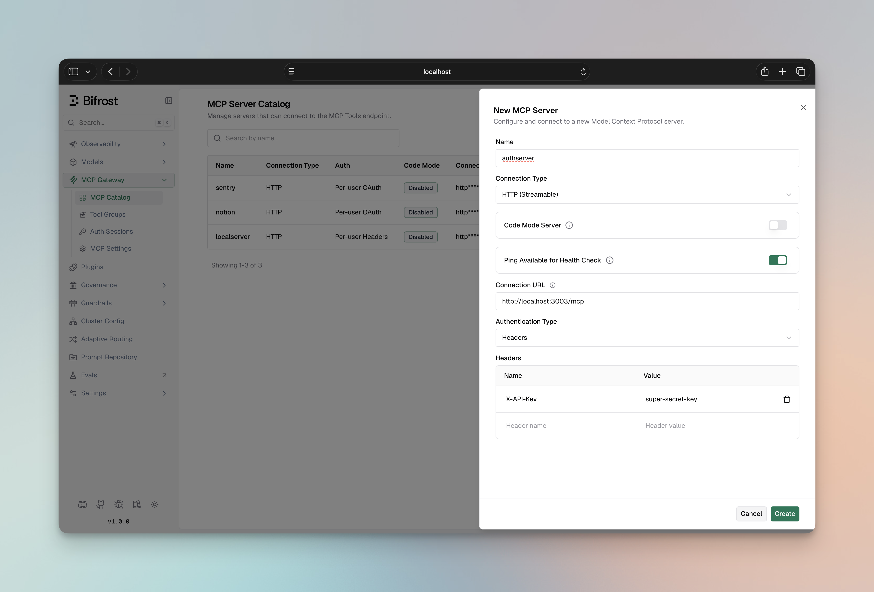 MCP client form with Auth Type set to Headers and two static header rows configured