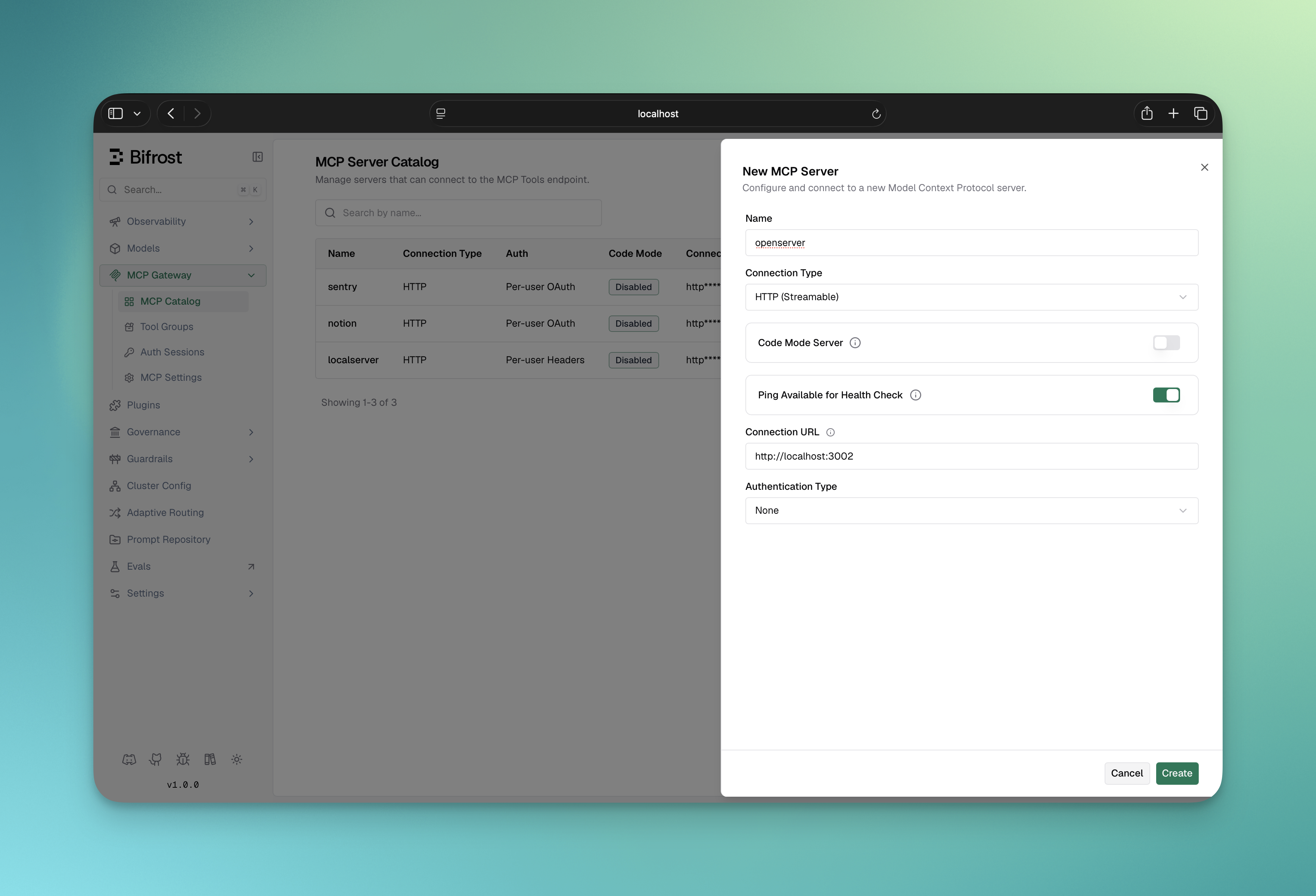 MCP client form with Auth Type set to None