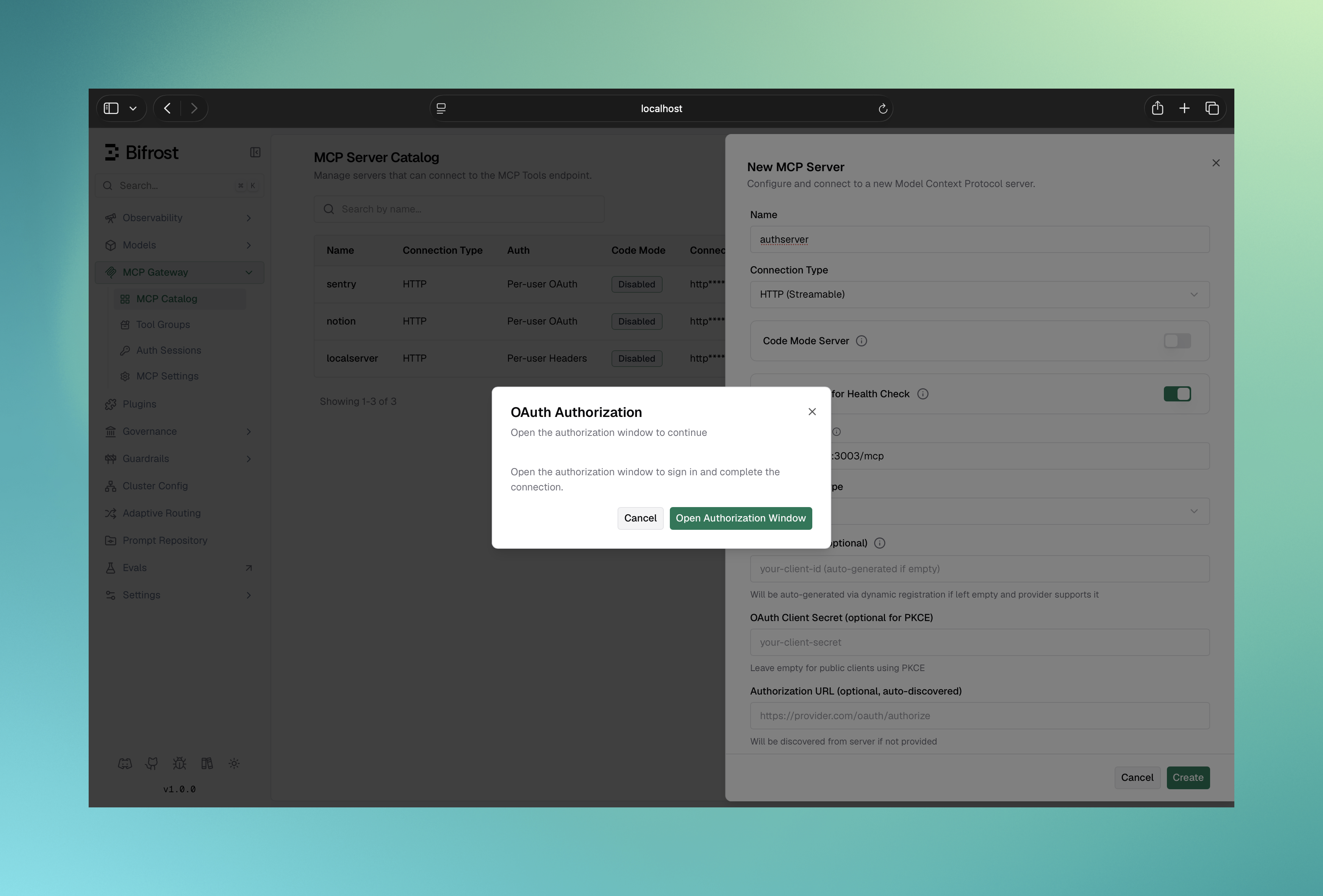 OAuth flow popup opened from the MCP client creation step, landing on the upstream provider's consent screen