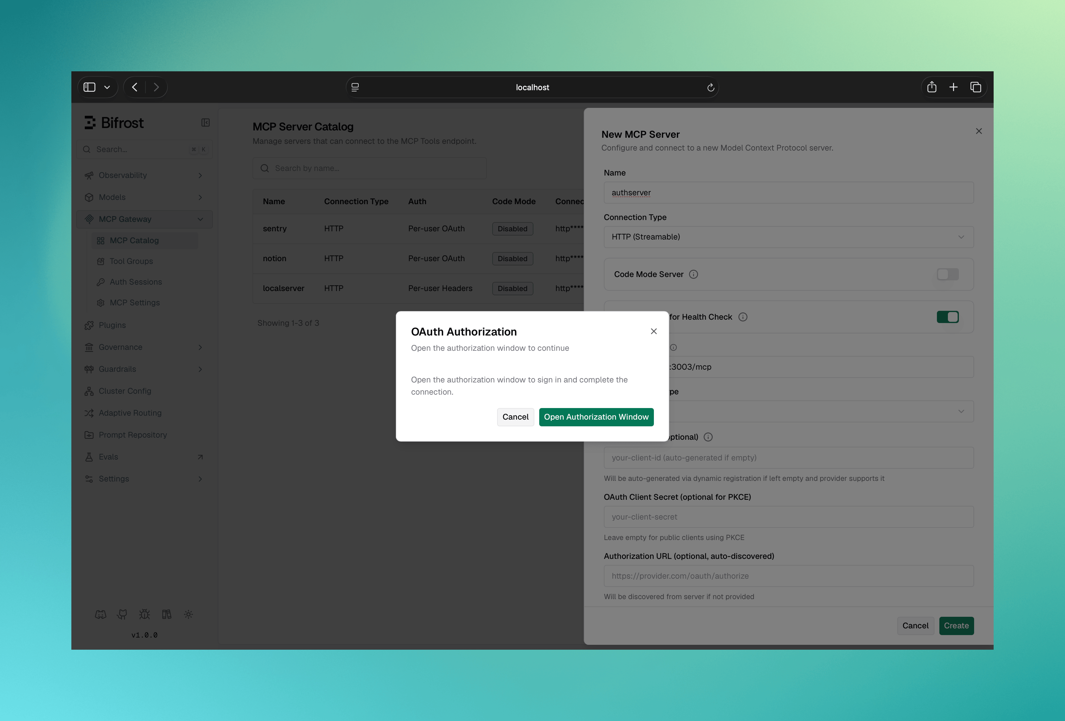 OAuth flow popup opened from the MCP client creation step, landing on the upstream provider's consent screen