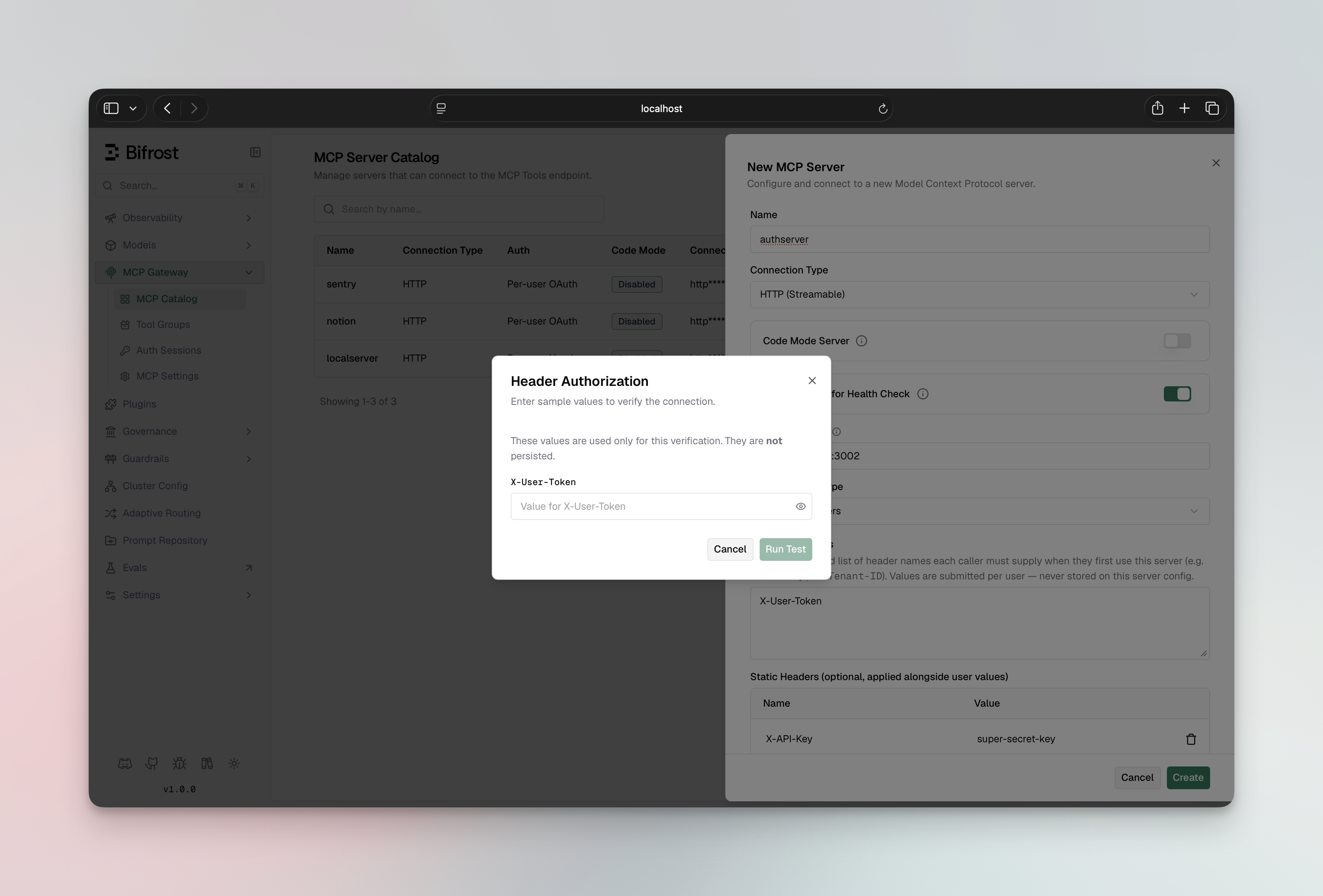 Per-user headers verify dialog asking the admin for sample values before persisting the MCP client