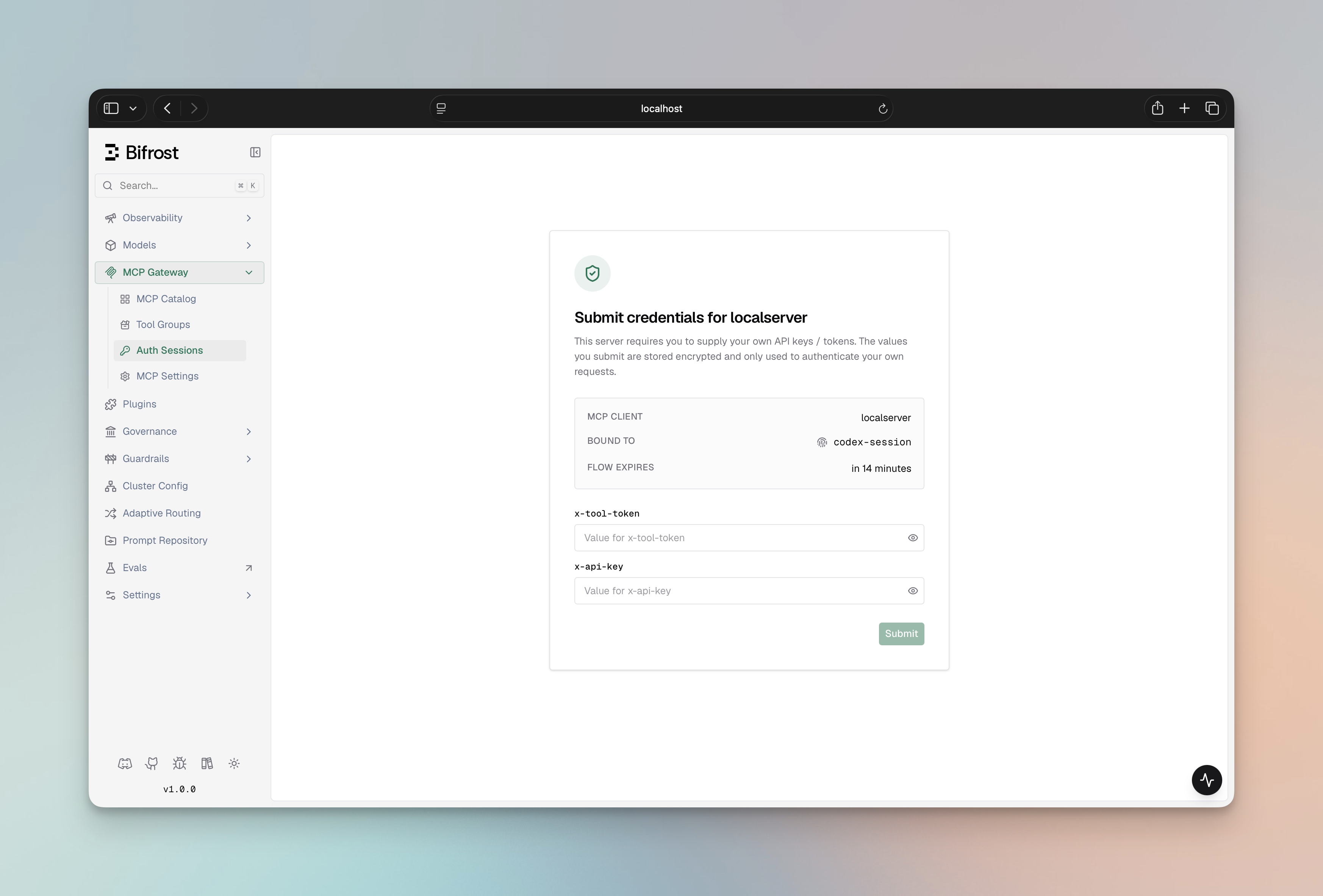 Per-user headers submission landing page at /workspace/mcp-sessions/auth?flow=<id>&kind=headers, showing required header inputs
