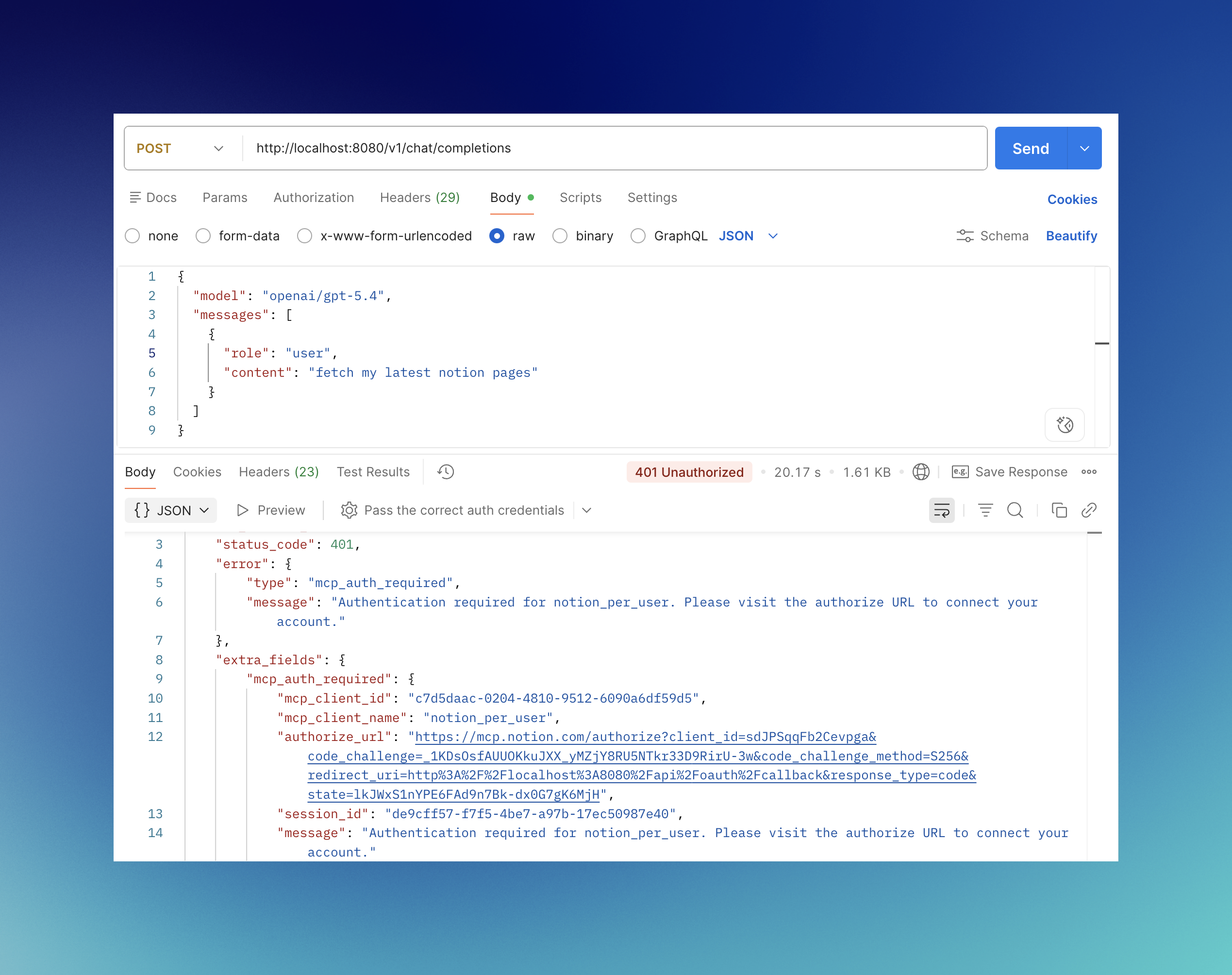 LLM Gateway response with mcp_auth_required and an inline authorize_url