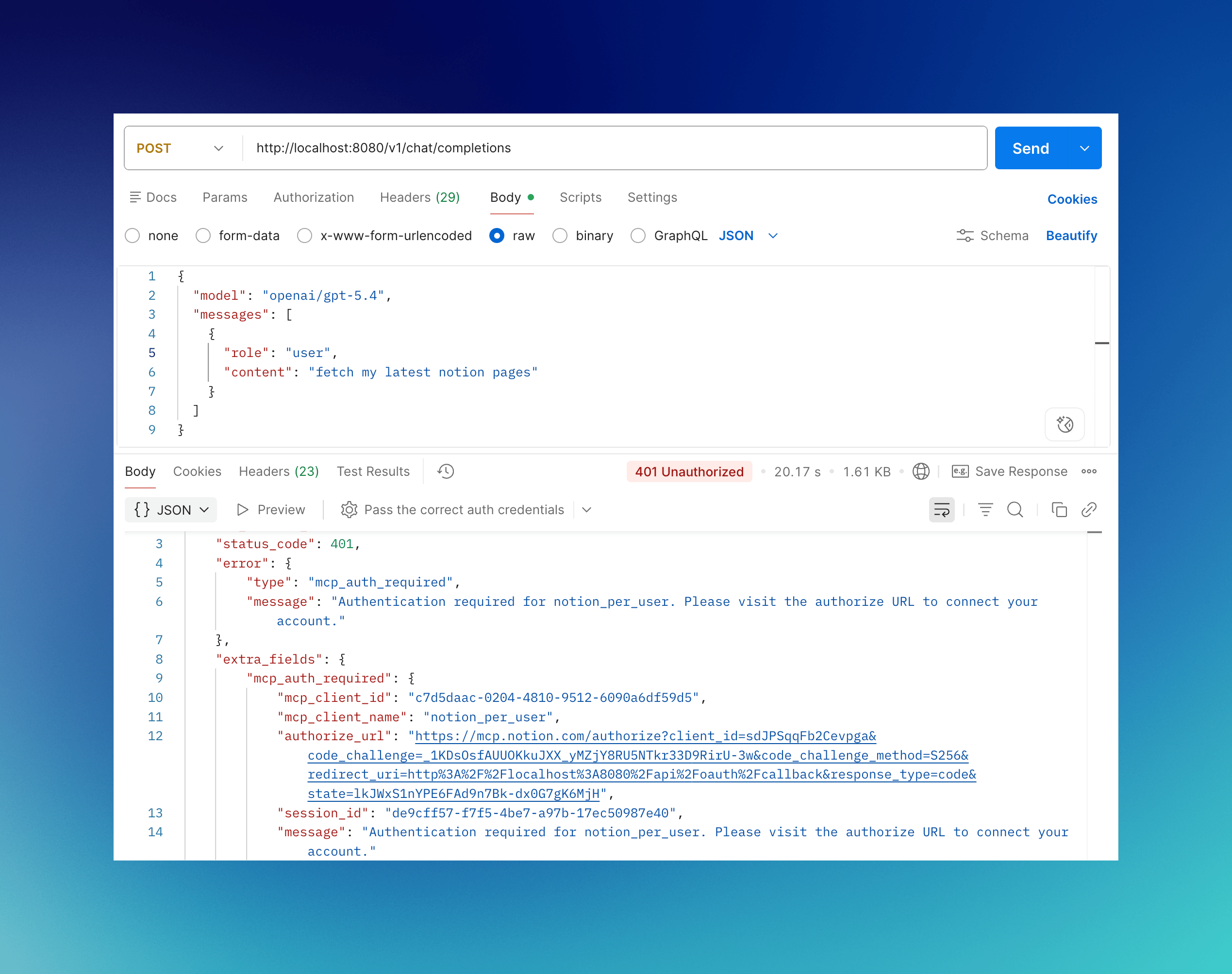 LLM Gateway response with mcp_auth_required and an inline authorize_url