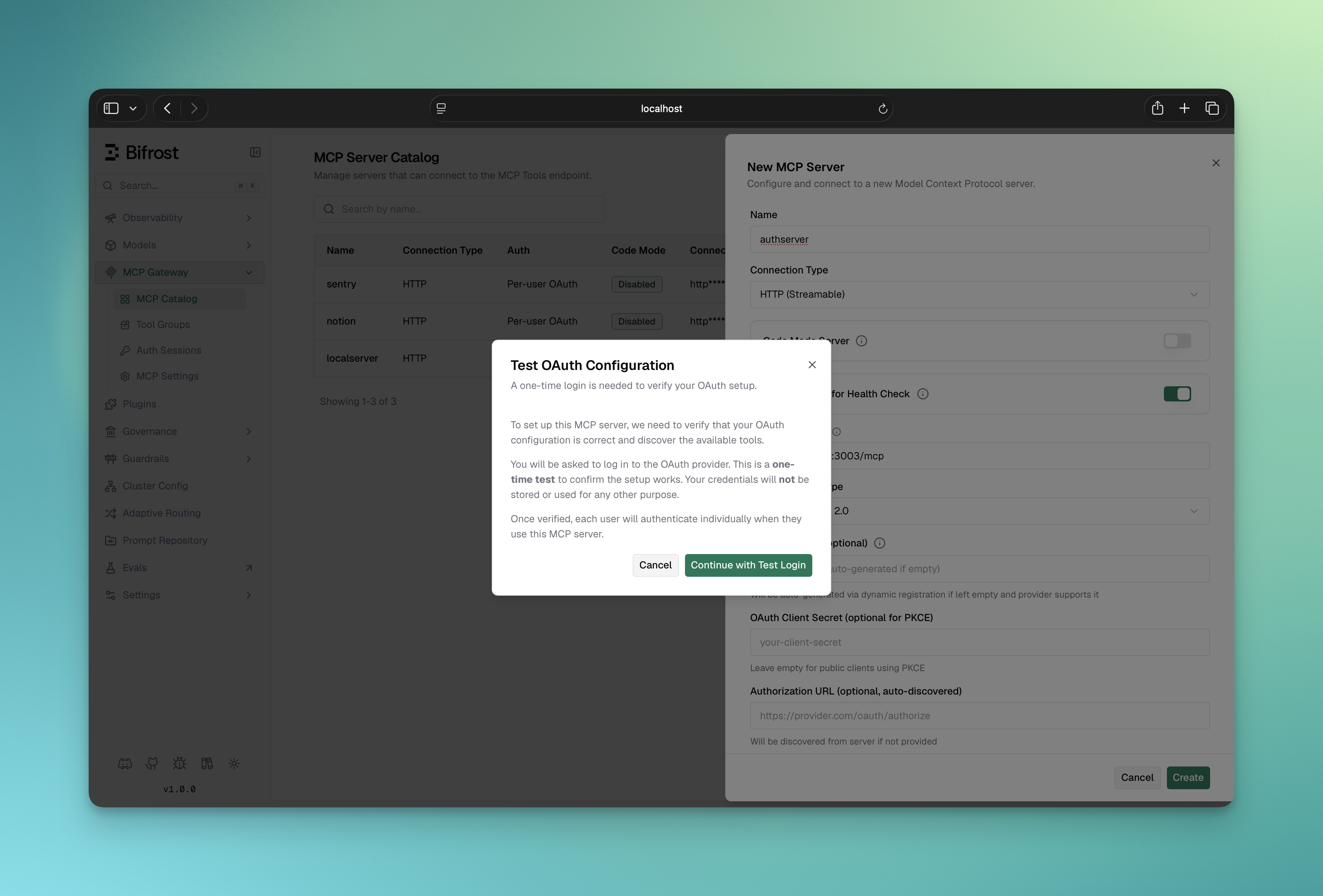 MCP client form with Auth Type set to Per-User OAuth 2.0 and the OAuth fields ready for setup