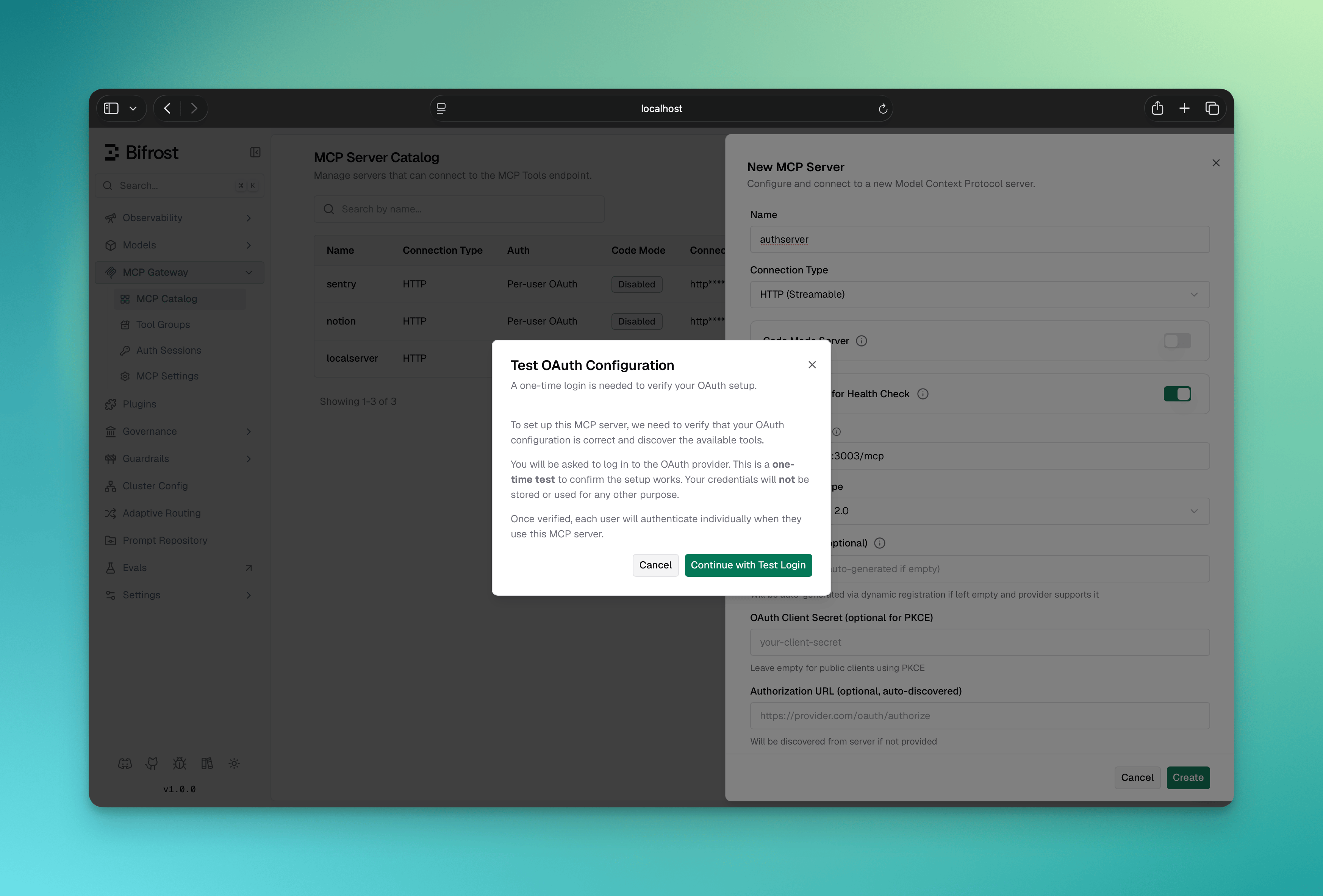 MCP client form with Auth Type set to Per-User OAuth 2.0 and the OAuth fields ready for setup