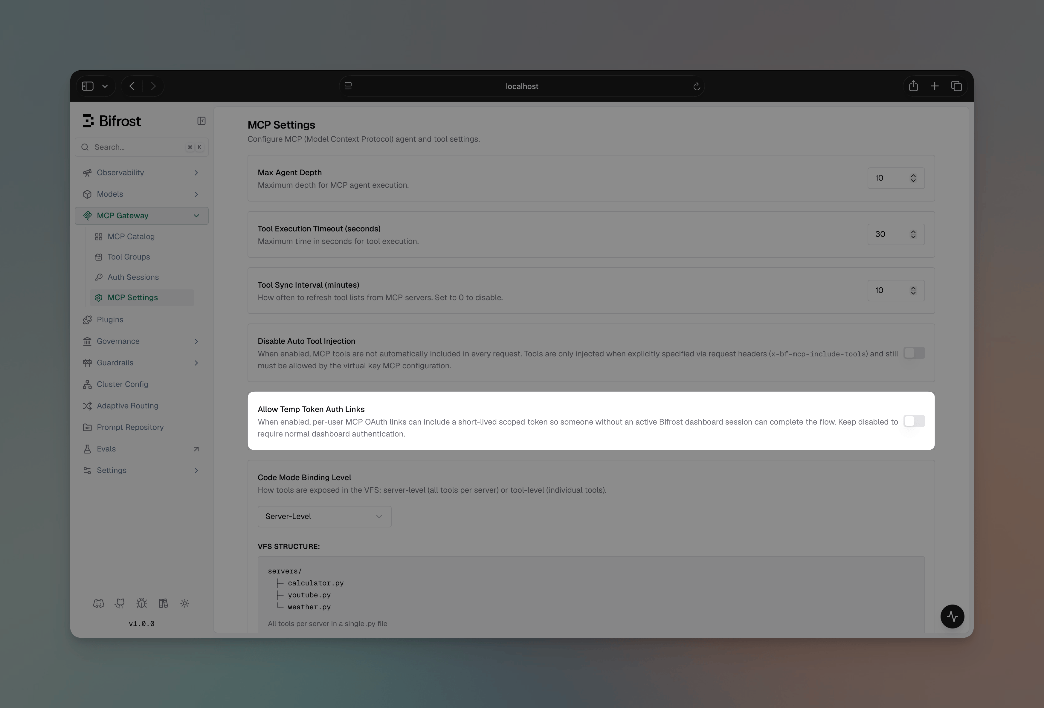 MCP Config Toggle Allow Temp Token Auth