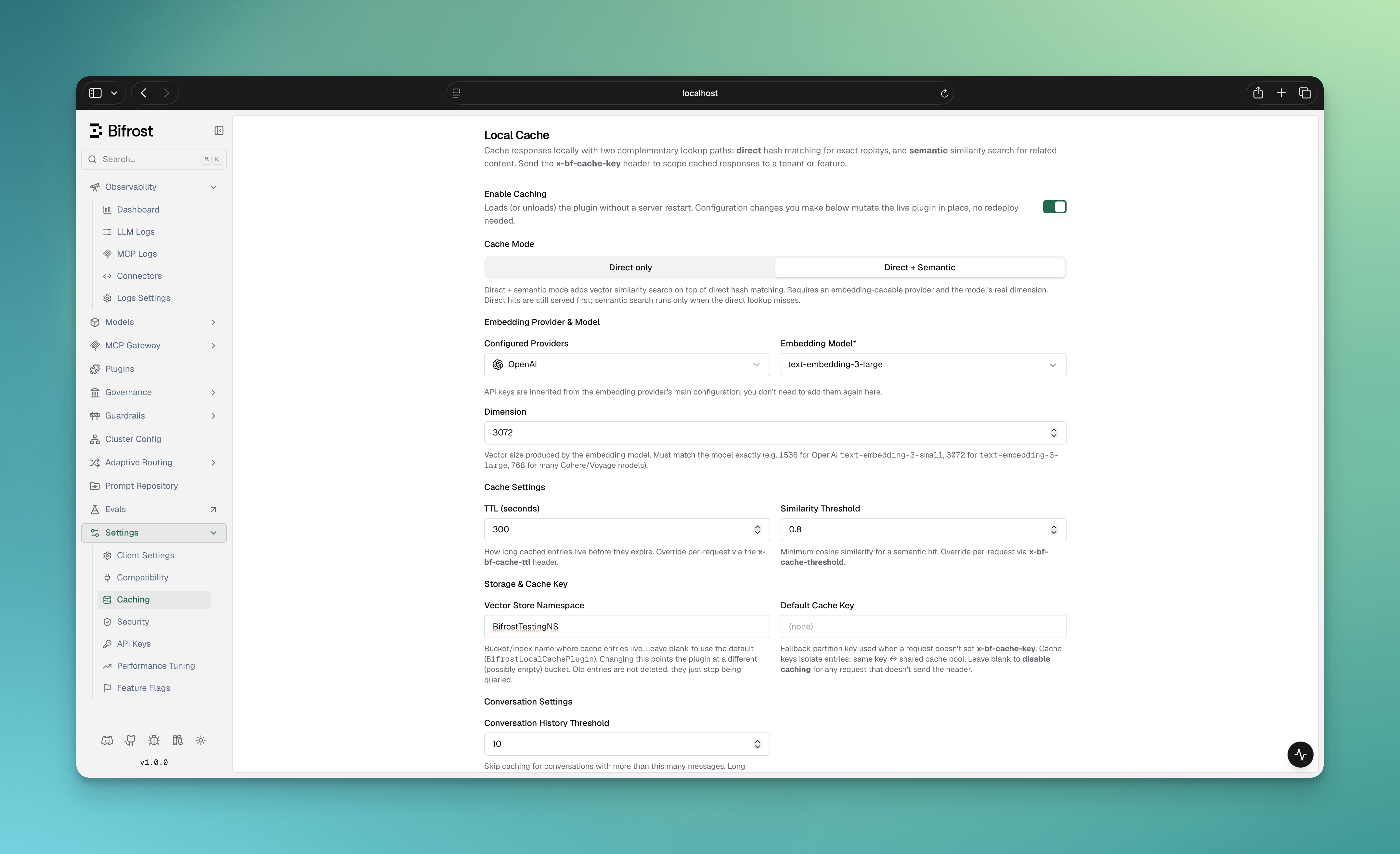 Local Cache configuration page