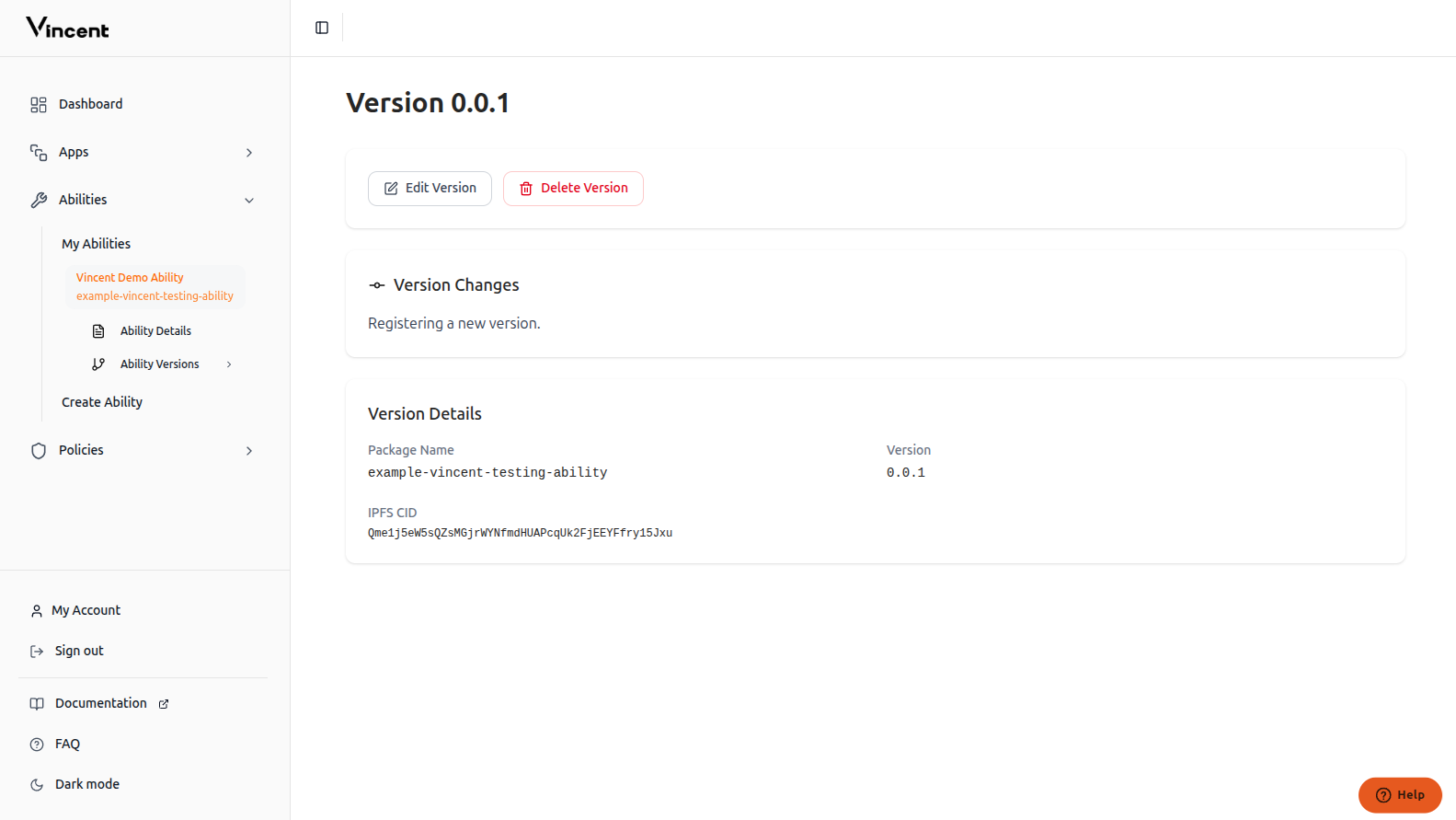 Version creation success confirmation
