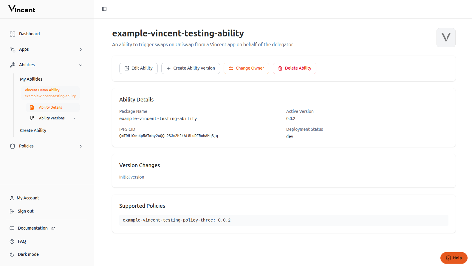 Ability creation success confirmation