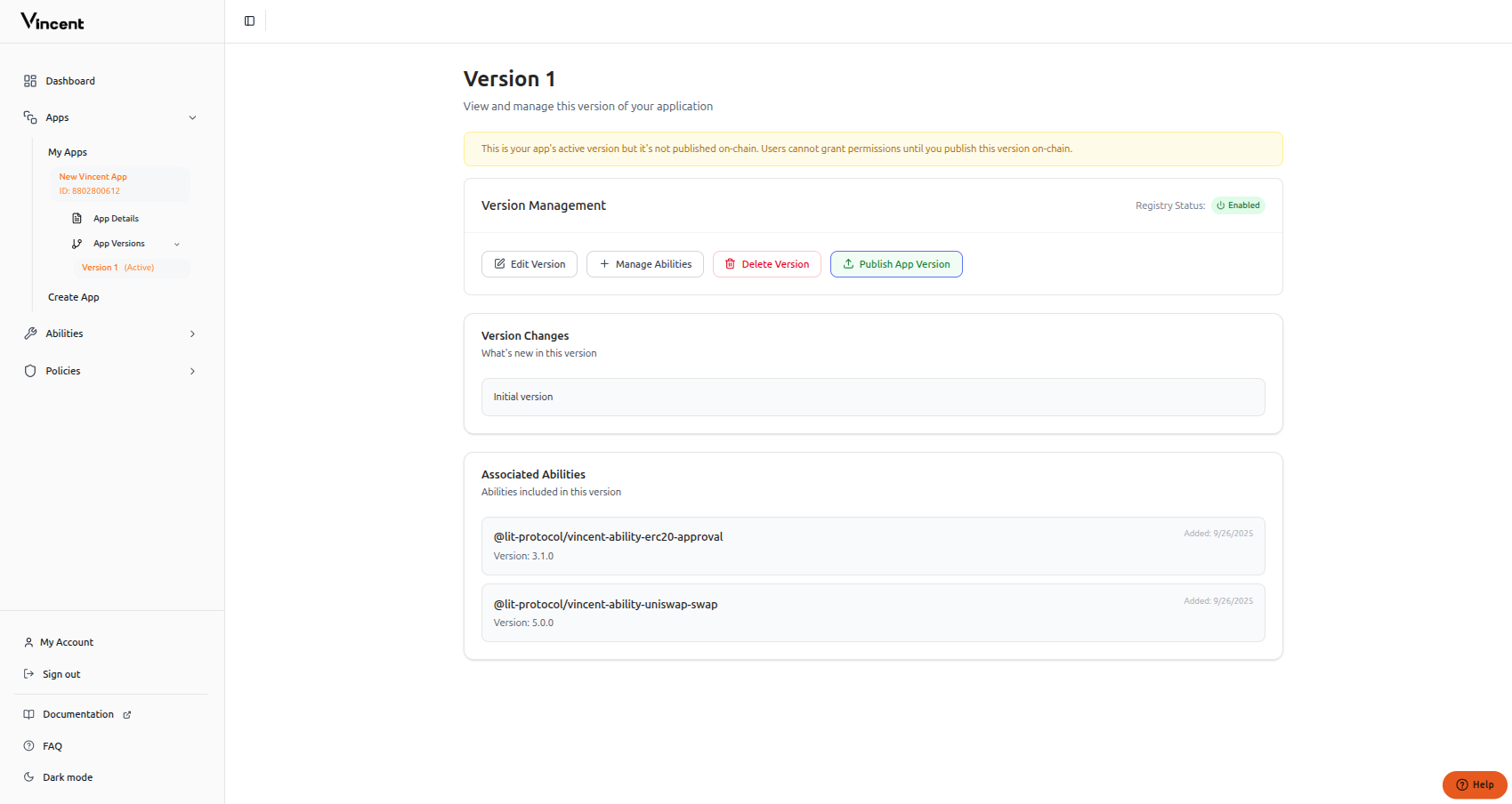 Publish App Version button
