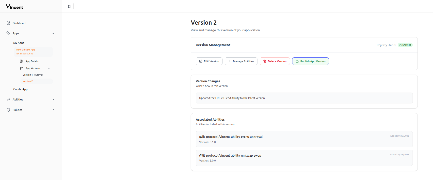 Publish App Version button