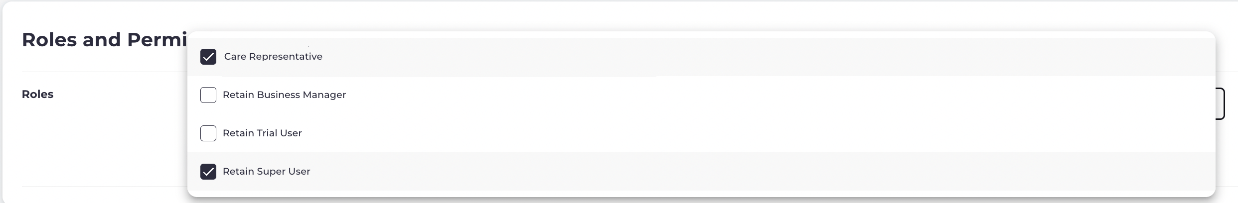 Roles dropdown selection list for a Retain merchant