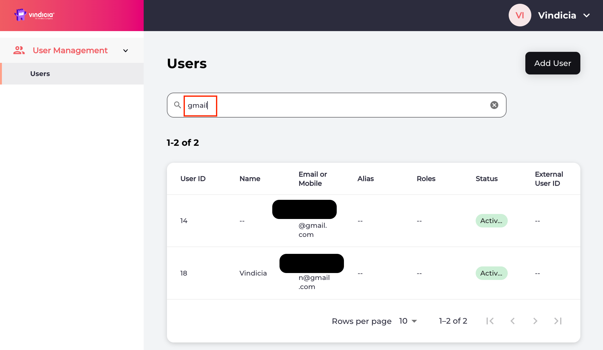 Vindicia IDP 2.0 Console User Management Page listing users