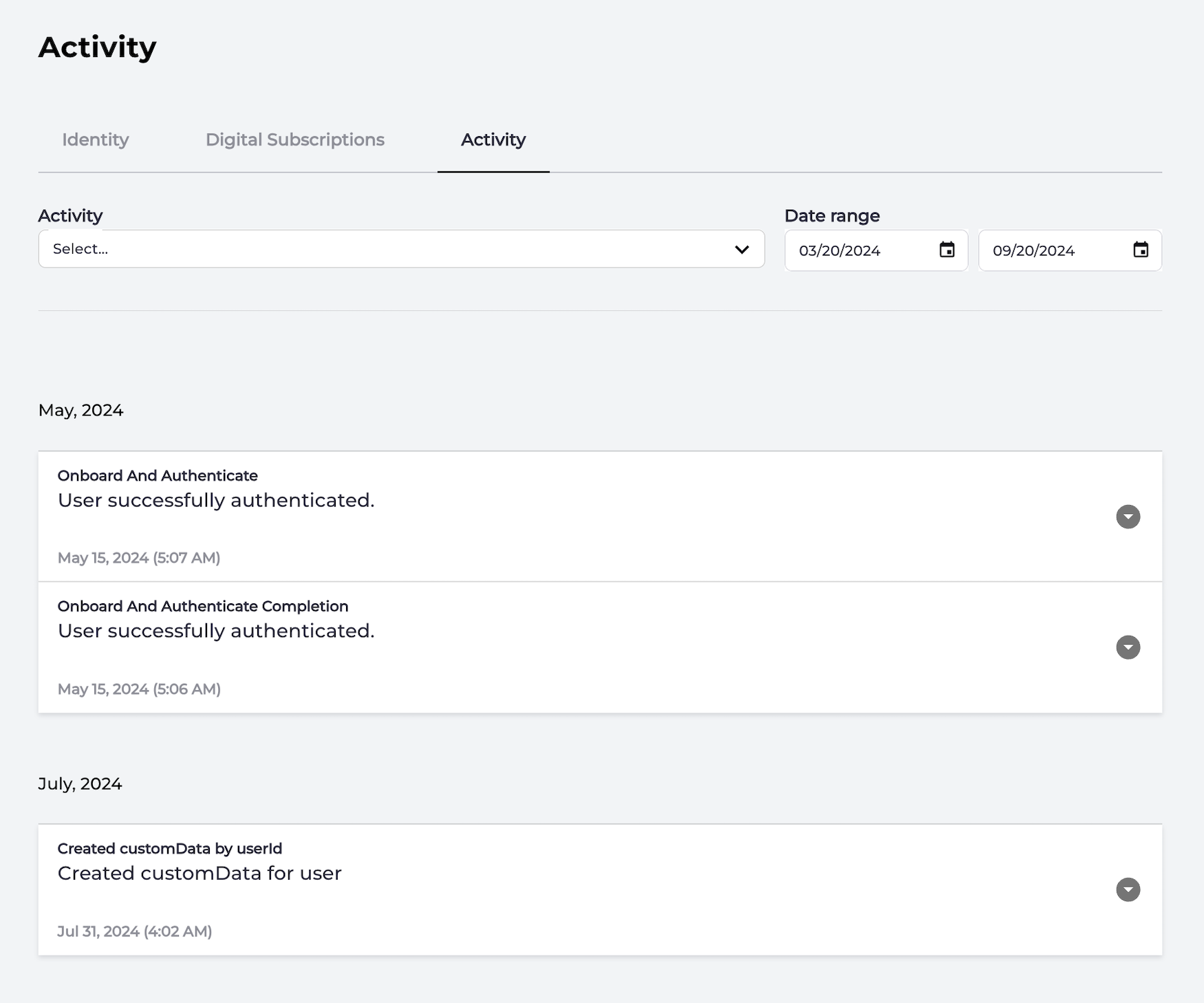 Selected user's activity page