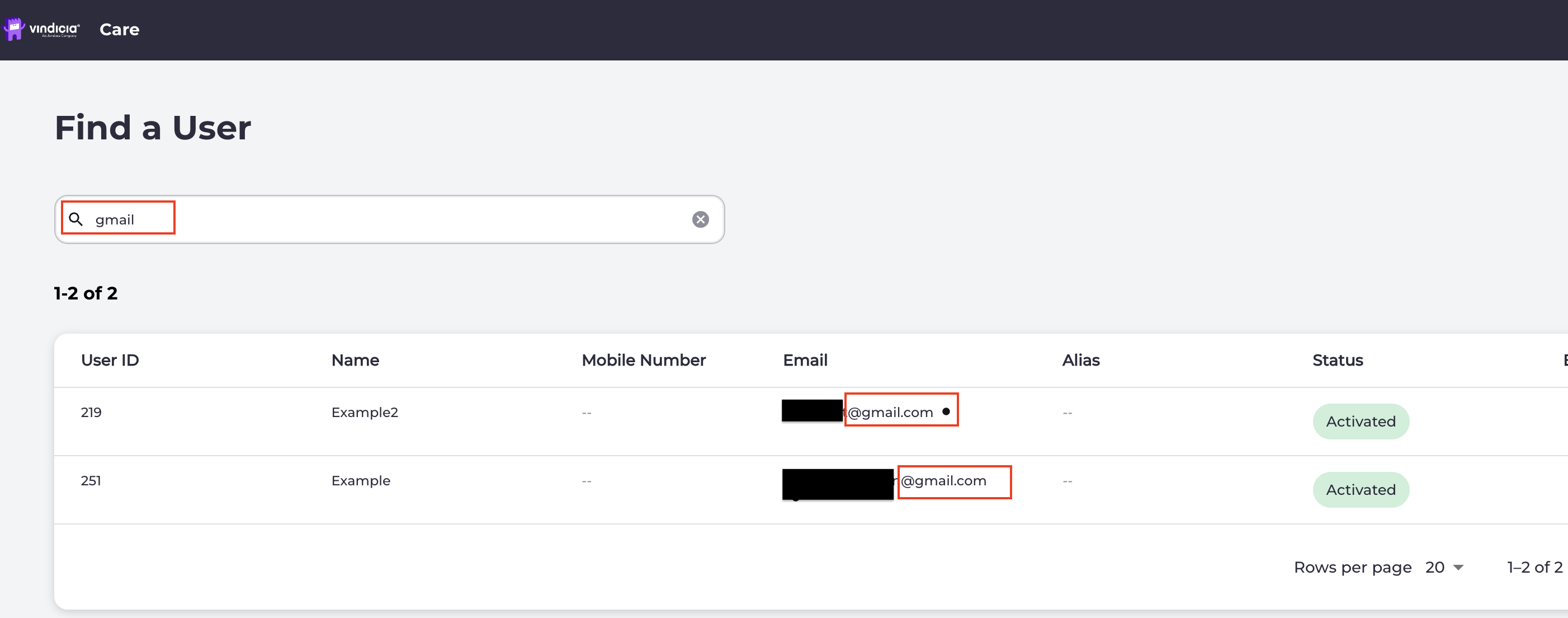 Vindicia IDP console 1.0 Find a User screen