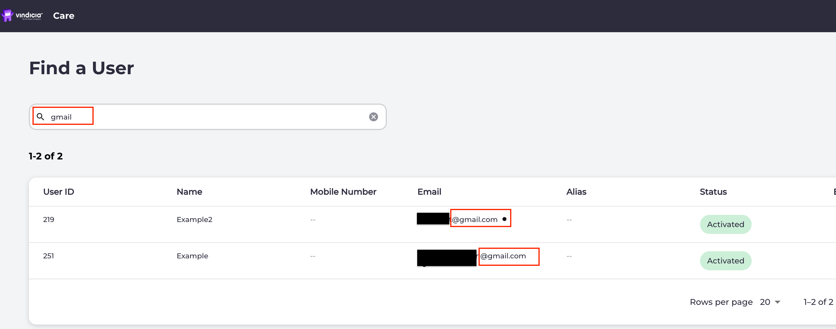 Vindicia IDP console 1.0 Find a User screen