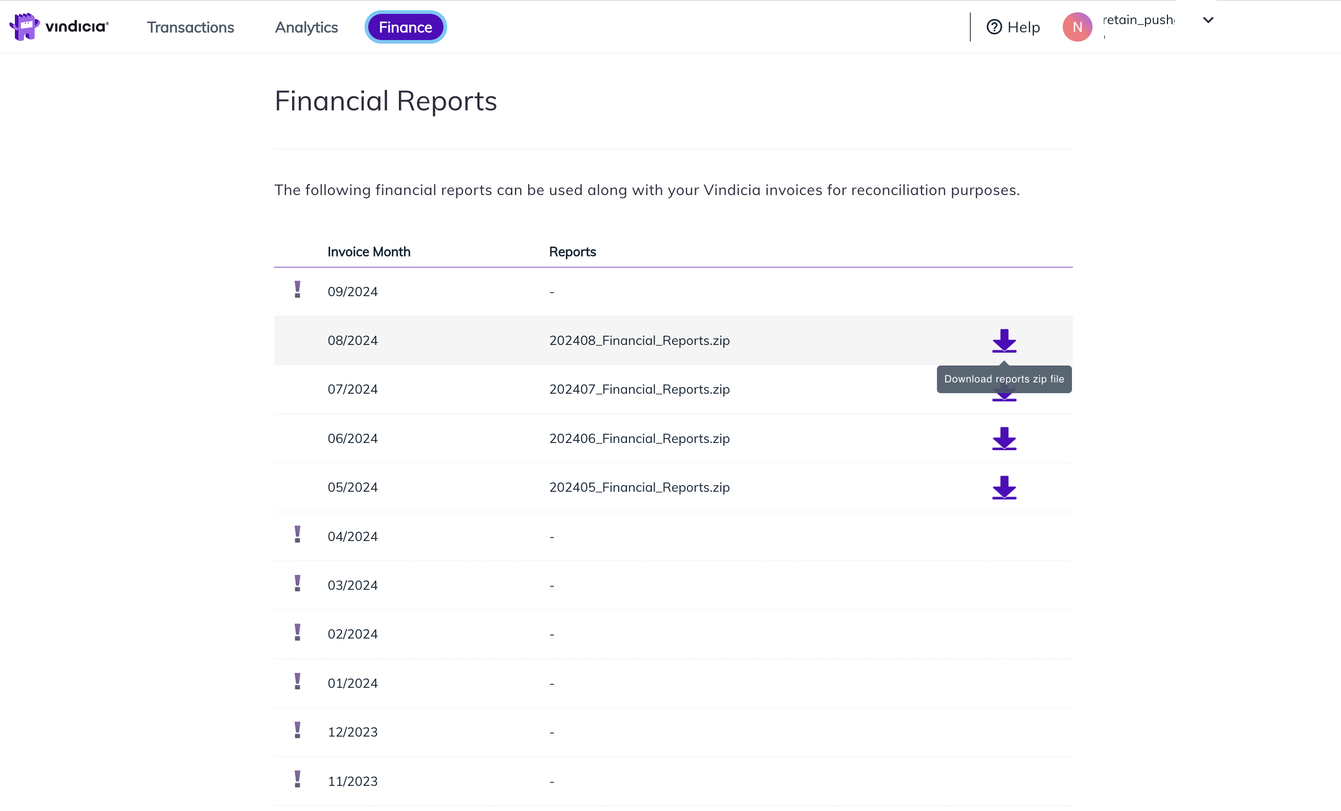 Retain Finance tab displays monthly financial reports available for download