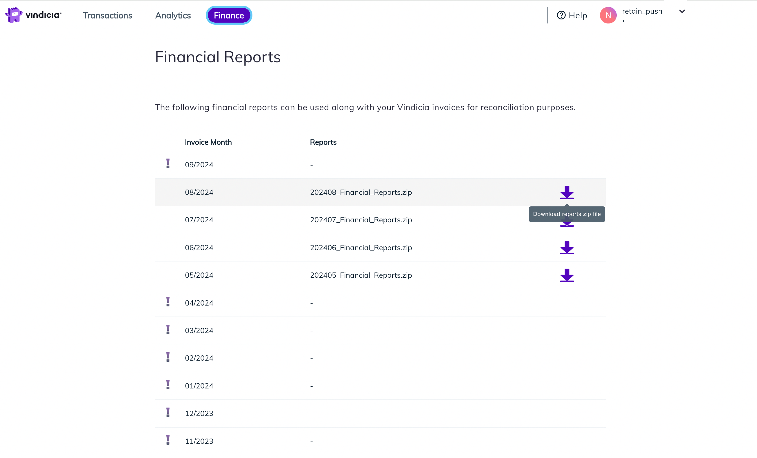 Retain Finance tab displays monthly financial reports available for download