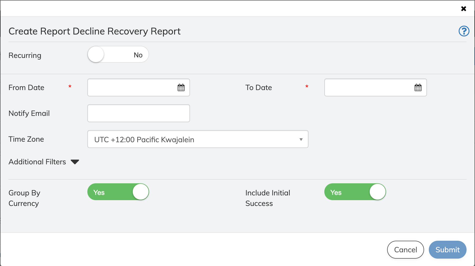Reports 2.0- Create Decline Recovery Report Screen
