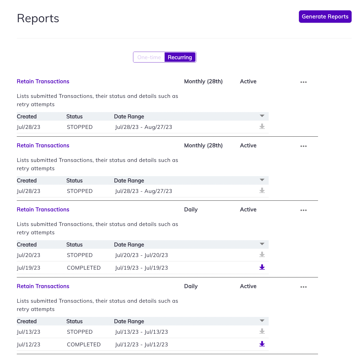 Retain My Reports page