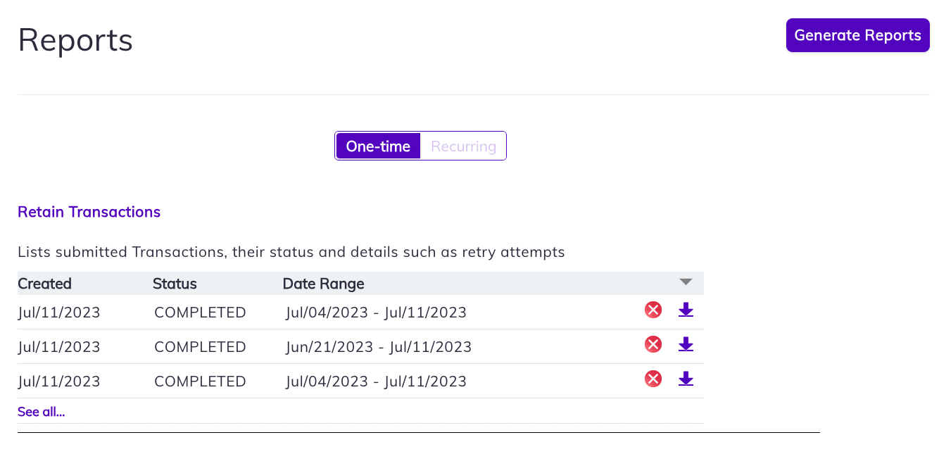 Retain Reports One Time tab
