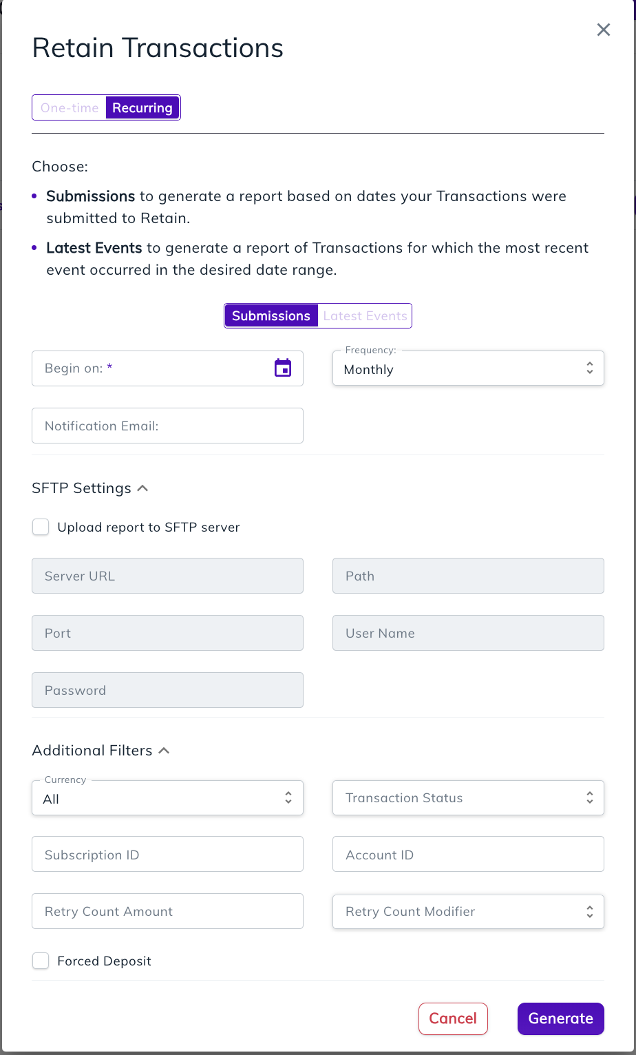 Generate Retain Transactions Report Recurring panel