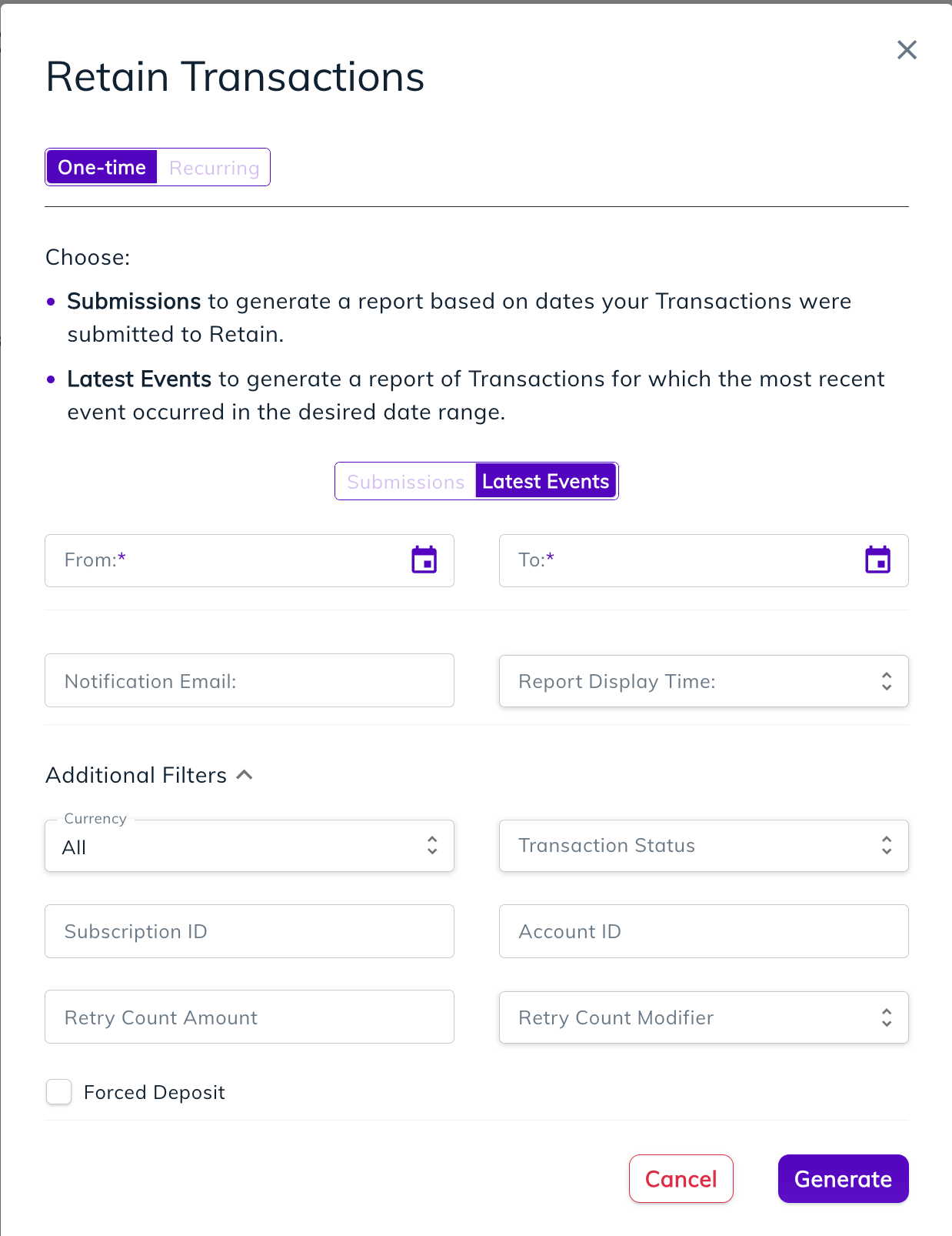 Retain Transactions One-Time panel