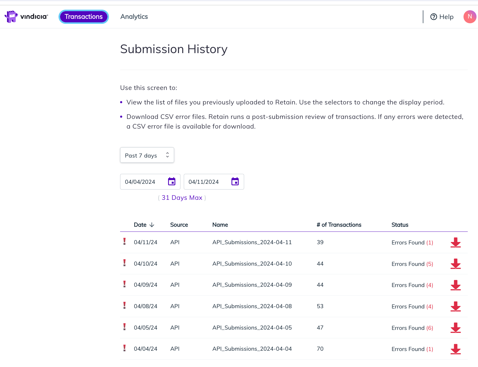 Retain Submission History Page listing API error files)