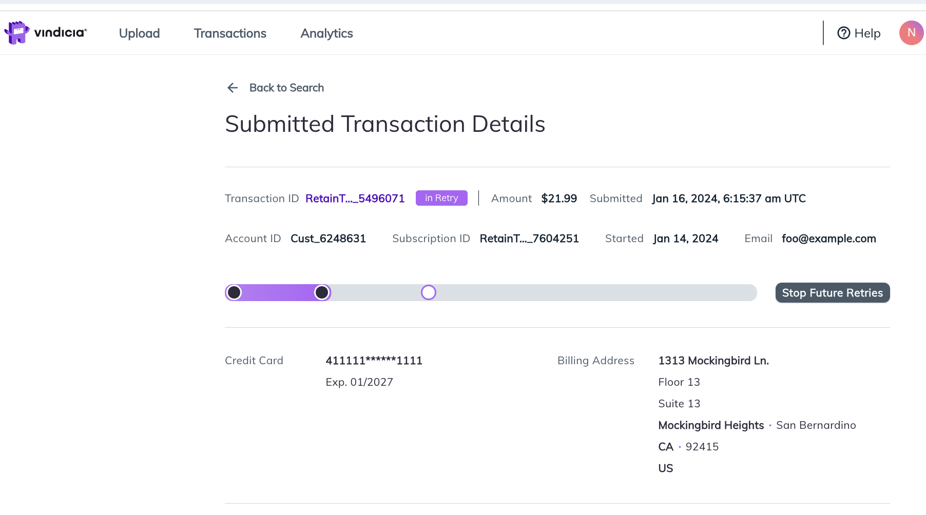Submitted Transaction Detail page showing an example of an in Retry Transaction