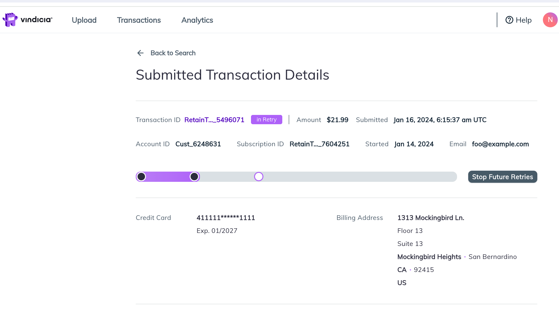 Submitted Transaction Detail page showing an example of an in Retry Transaction