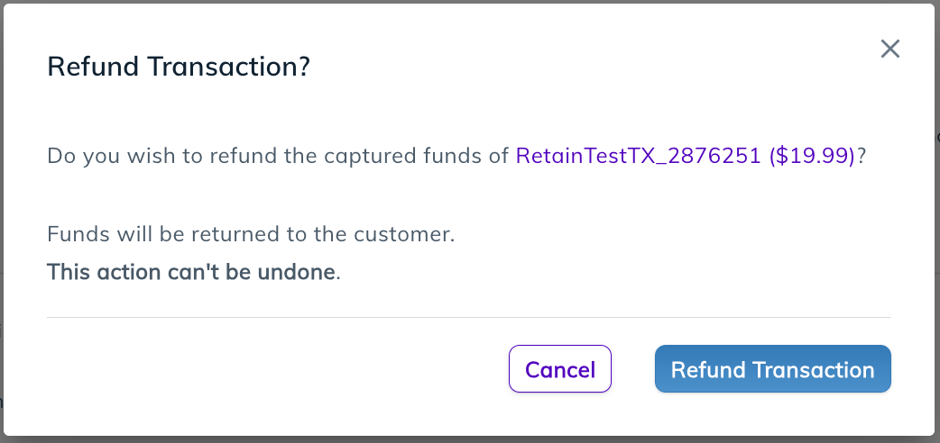 Retain Refund Transaction confirmation message example