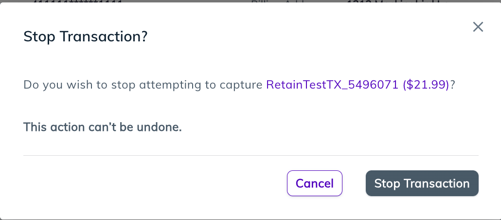 Retain Stop Transaction confirmation message example