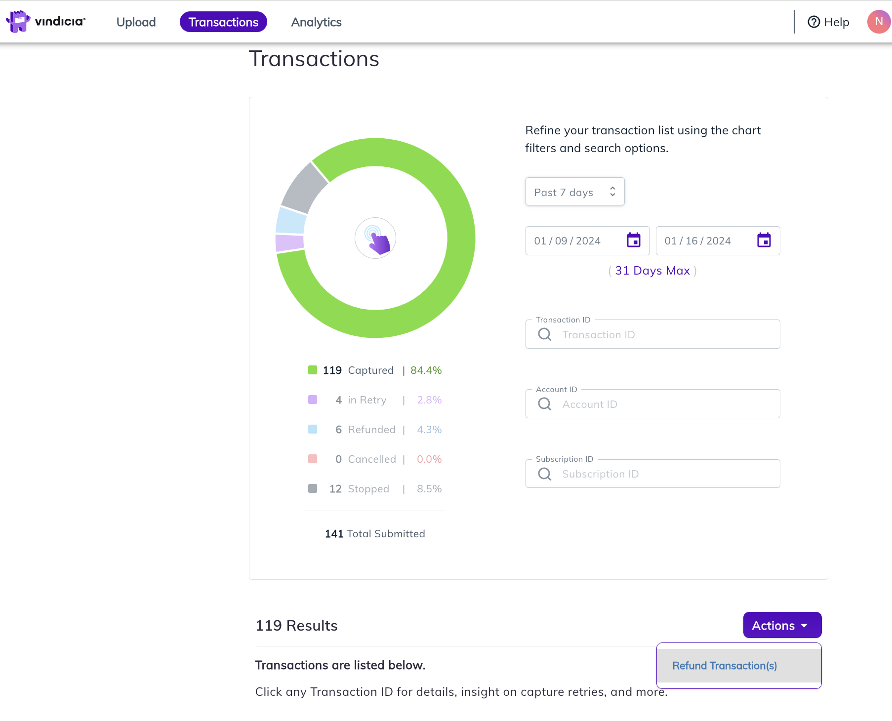 Retain search result example filtered by last 7 days and Captured status (green on pie chart) only