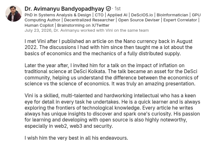 Dr. Avimanyu Bandyopadhyay Recommending Vini B @ thecoding