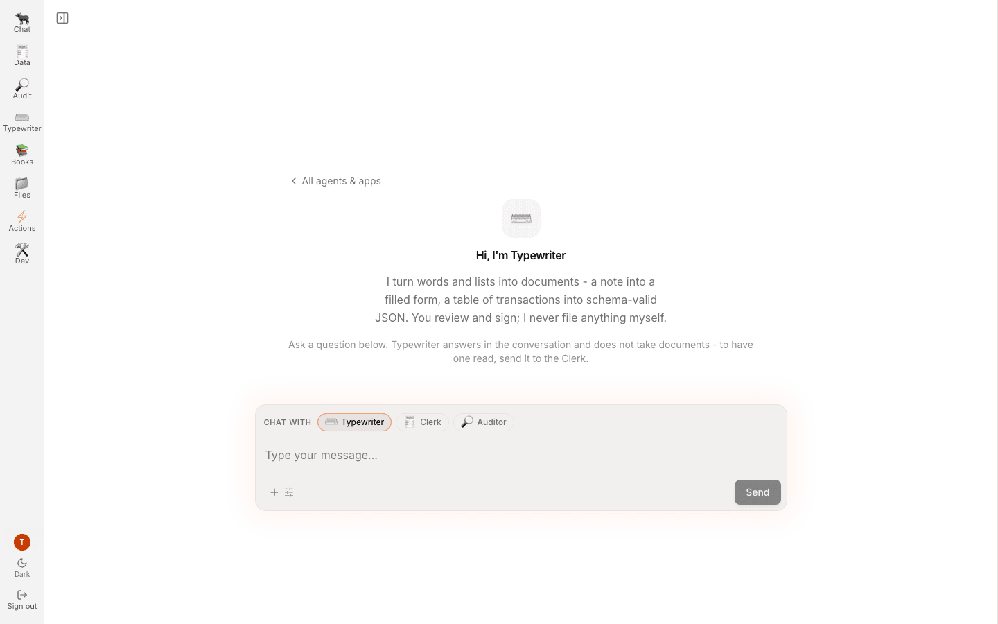 The Typewriter agent introduction in the chat surface