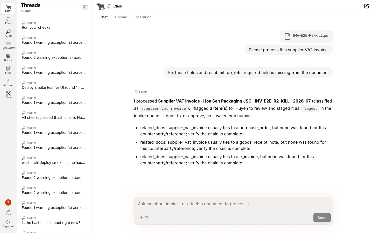 A Clerk conversation showing a classified upload, the flags raised, and the resulting queue status
