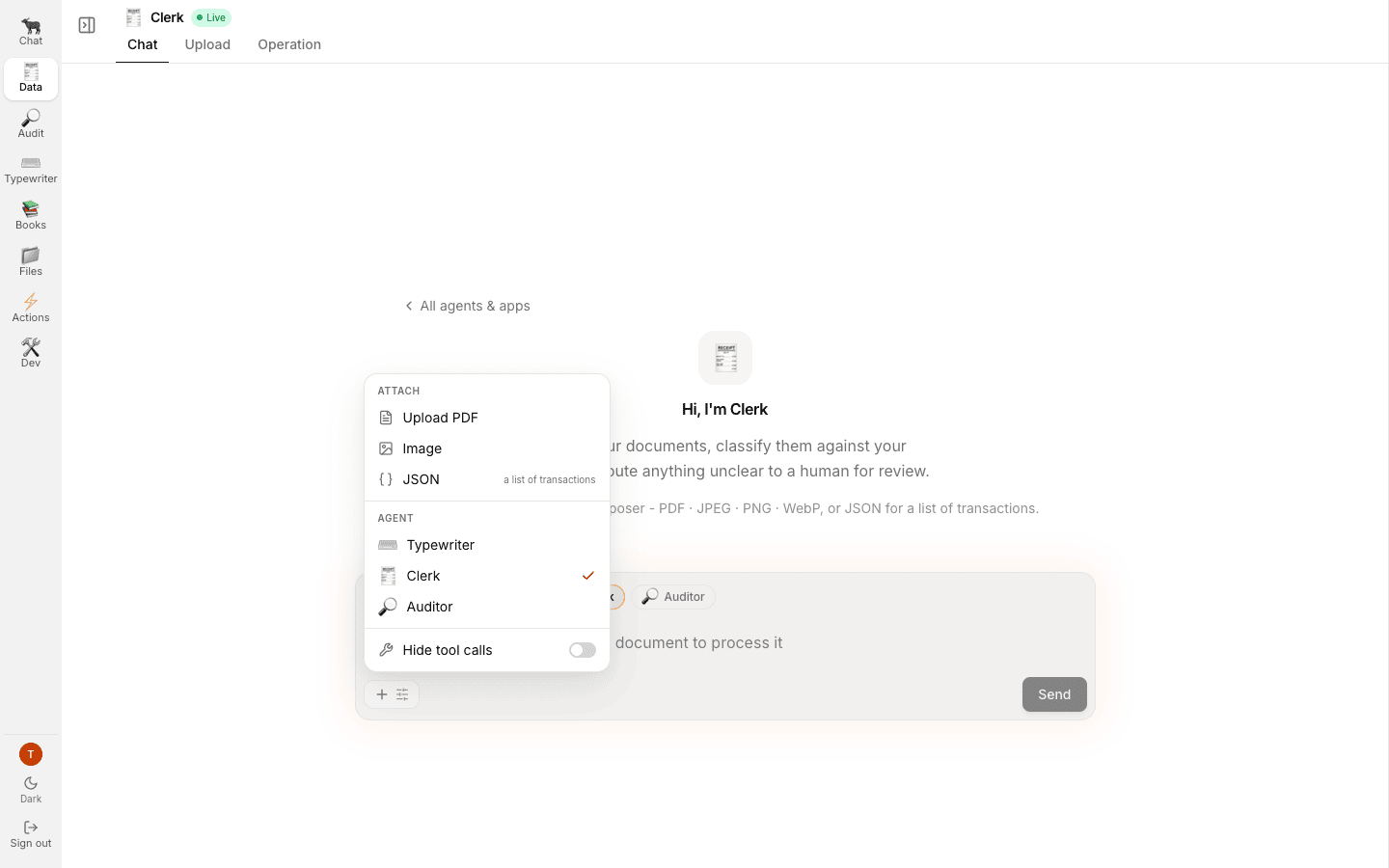 The composer plus-button menu showing upload, switch agent and tool call options