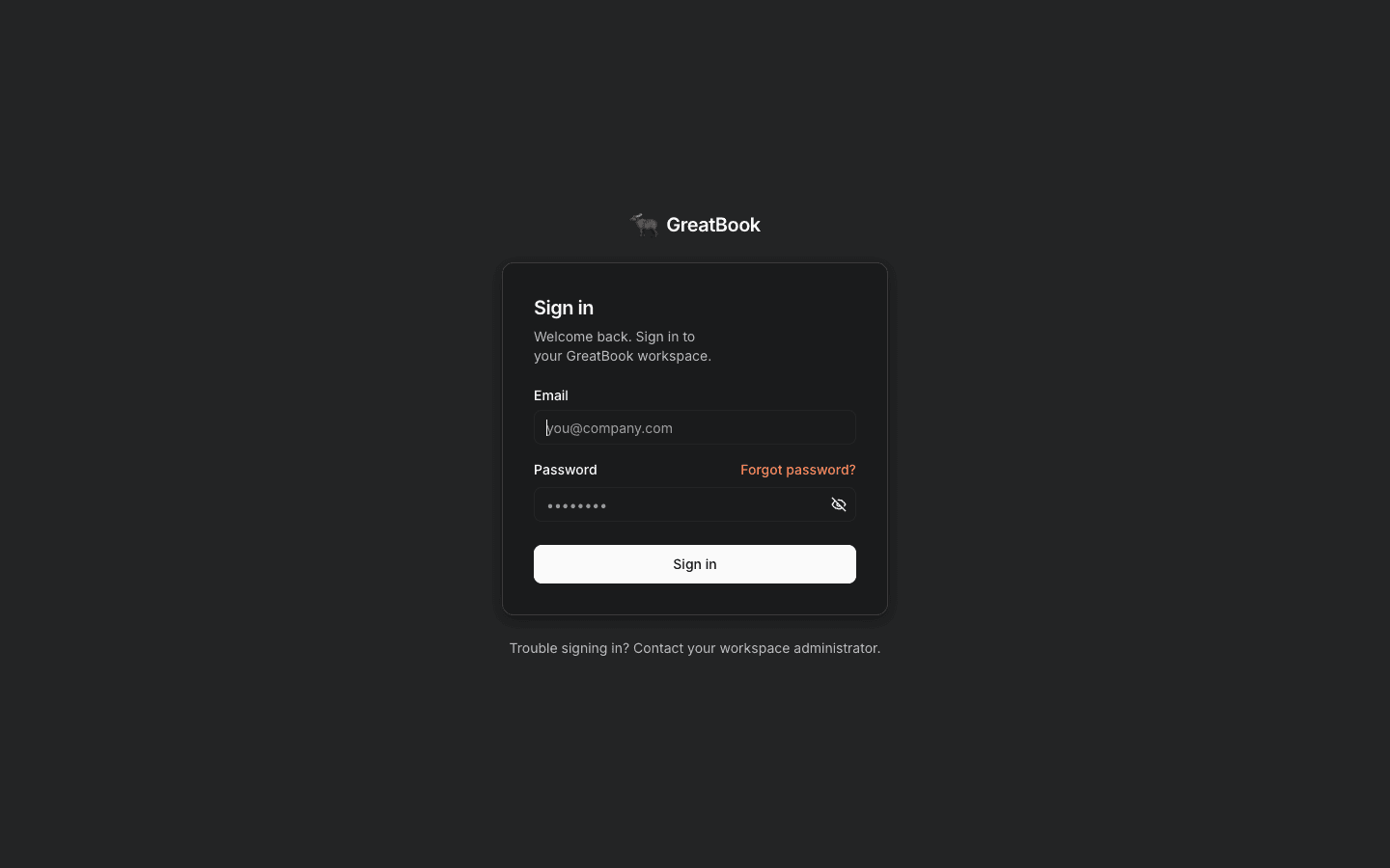 The GreatBook sign-in screen, with email and password fields and a forgot-password link