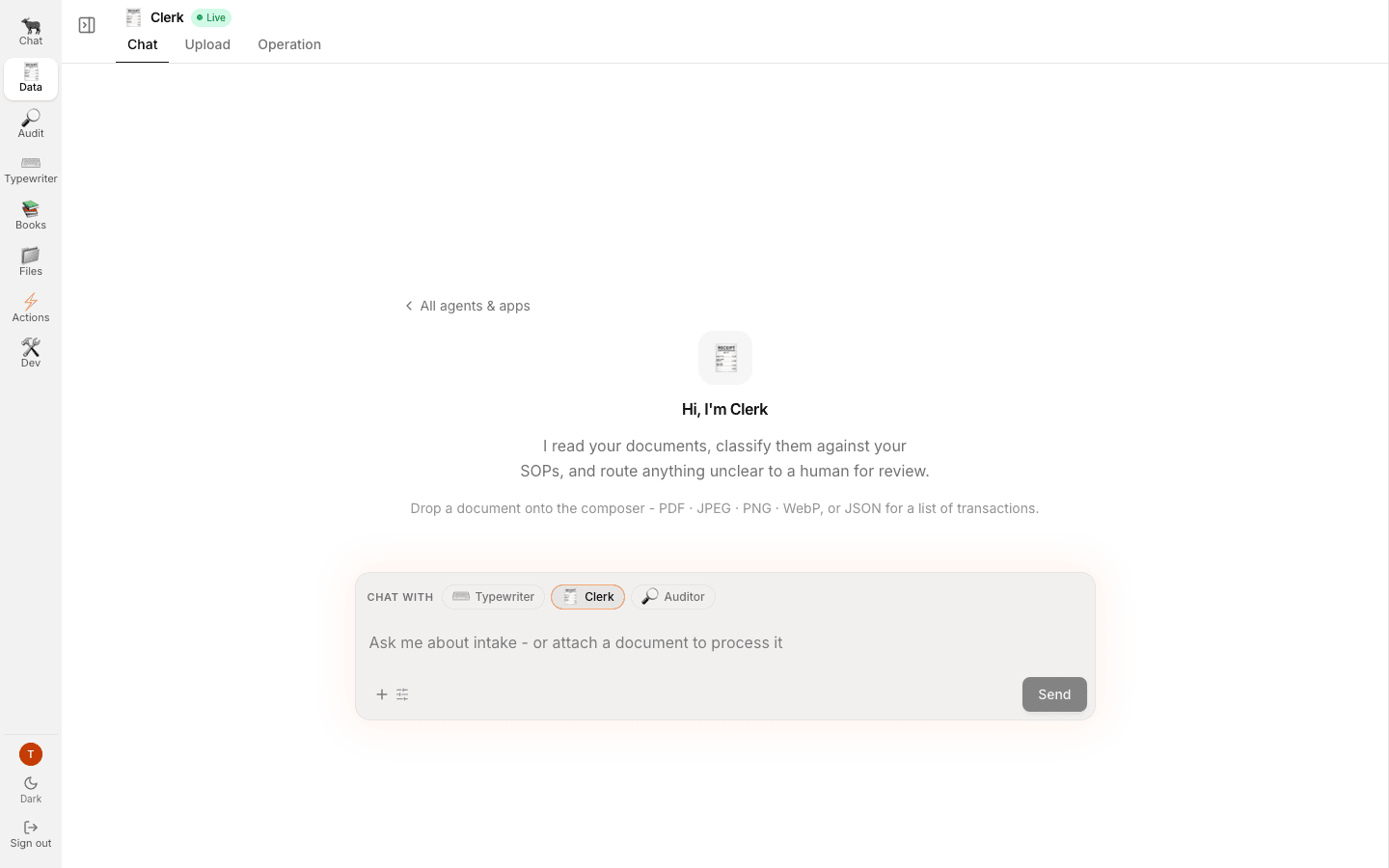 The Clerk agent workspace showing the Chat, Upload and Operation sub-nav above the agent introduction and composer