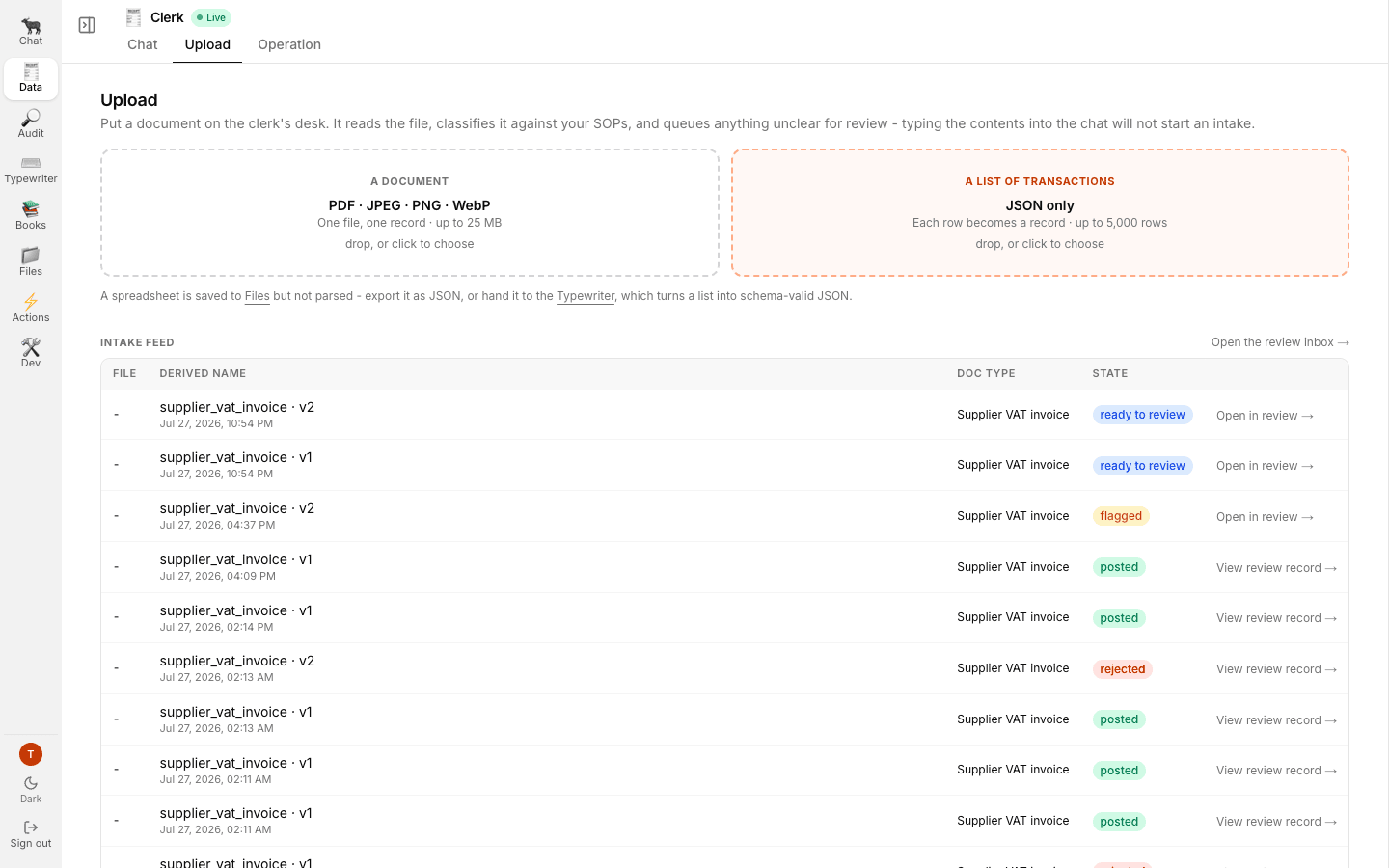 The Clerk's upload tab with its document and transaction-list drop zones and the intake feed