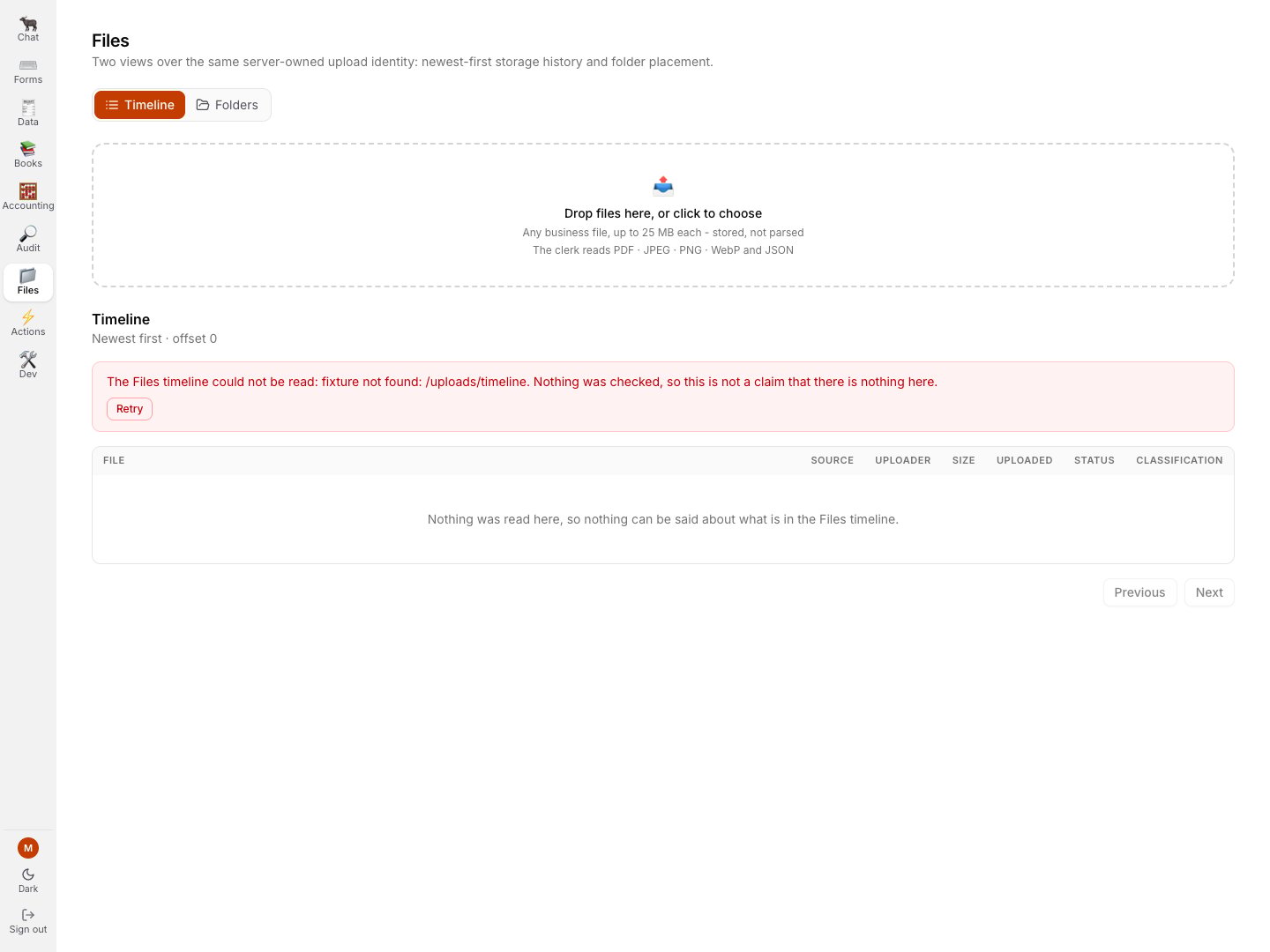 The current GreatBook Files Timeline refusing a missing demo response instead of showing an empty inventory