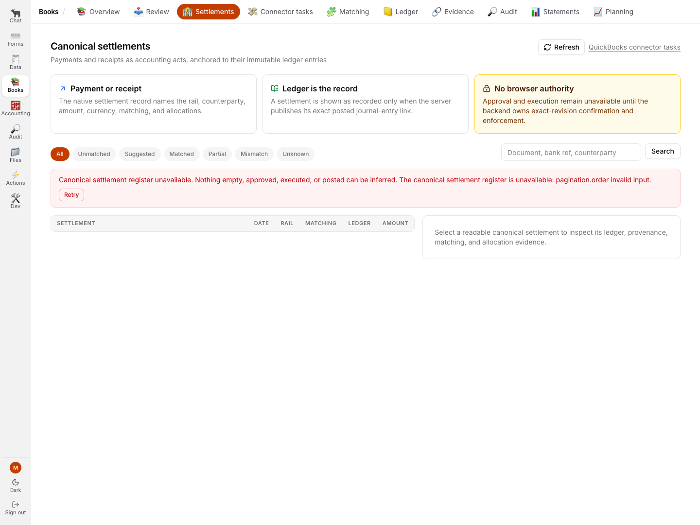 The current canonical settlements register refusing an invalid pagination order and showing the no-browser-authority notice