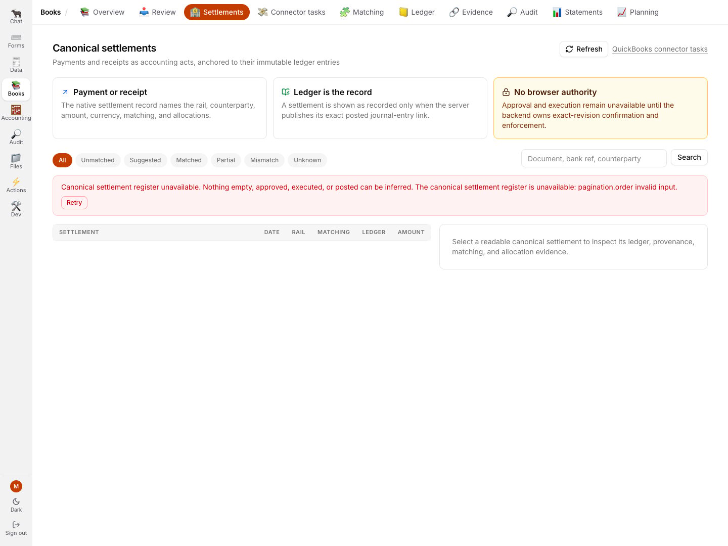 The current canonical settlements register refusing an invalid pagination order and showing the no-browser-authority notice