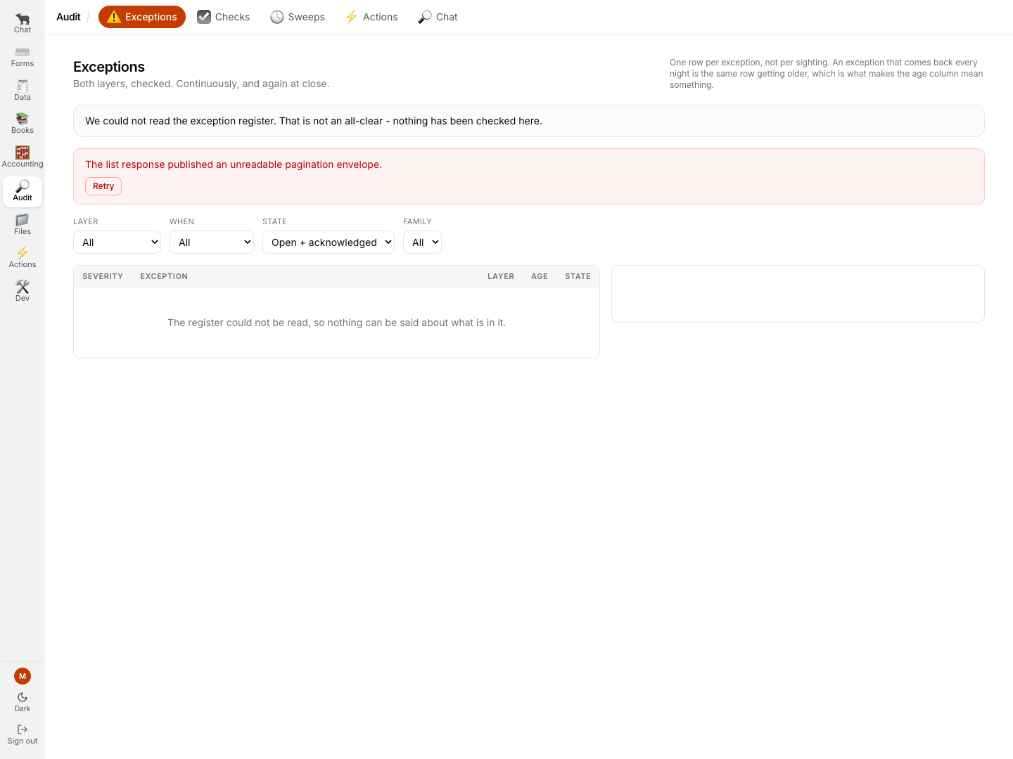 The current GreatBook Audit register refusing an unreadable pagination envelope and stating that nothing has been checked