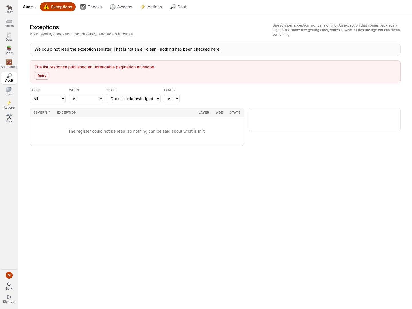 The current GreatBook Audit register refusing an unreadable pagination envelope and stating that nothing has been checked
