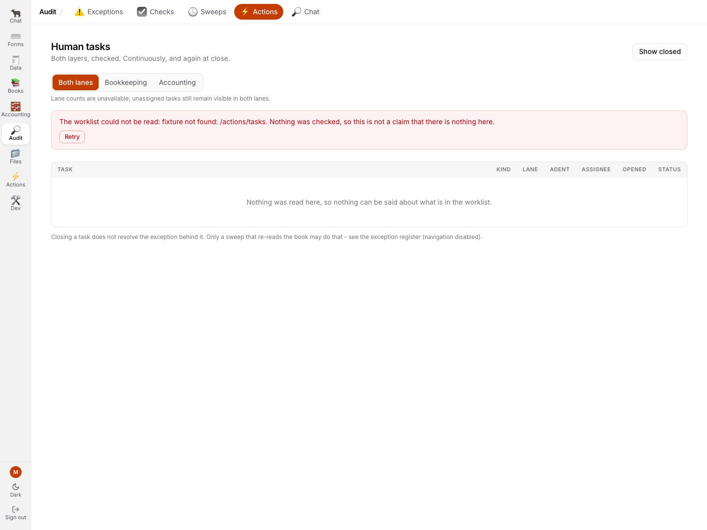 The current GreatBook human worklist refusing a missing demo response rather than showing an empty worklist
