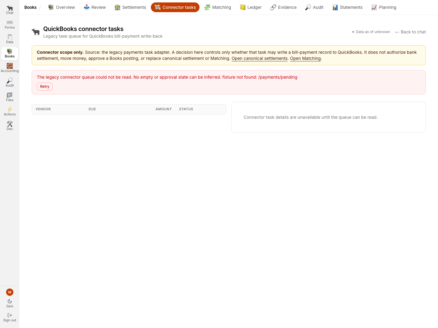 The current legacy connector-task page refusing a missing demo response and naming its limited authority